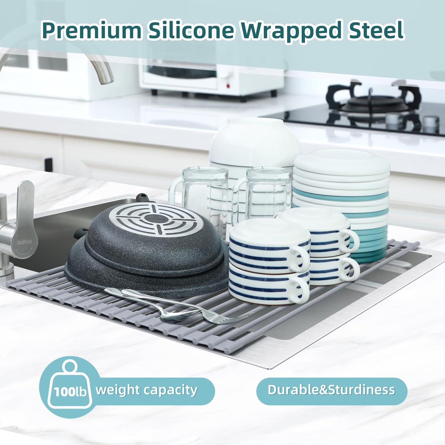 image:imageOhuhu Roll Up Dish Drying Rack Over The Sink Multipurpose RollUp Dish Racks 165 W x 13 L Rolling HeatResistant AntiSlip Silicone Coated Dish Drainer Portable Foldable for Kitchen CounterGray