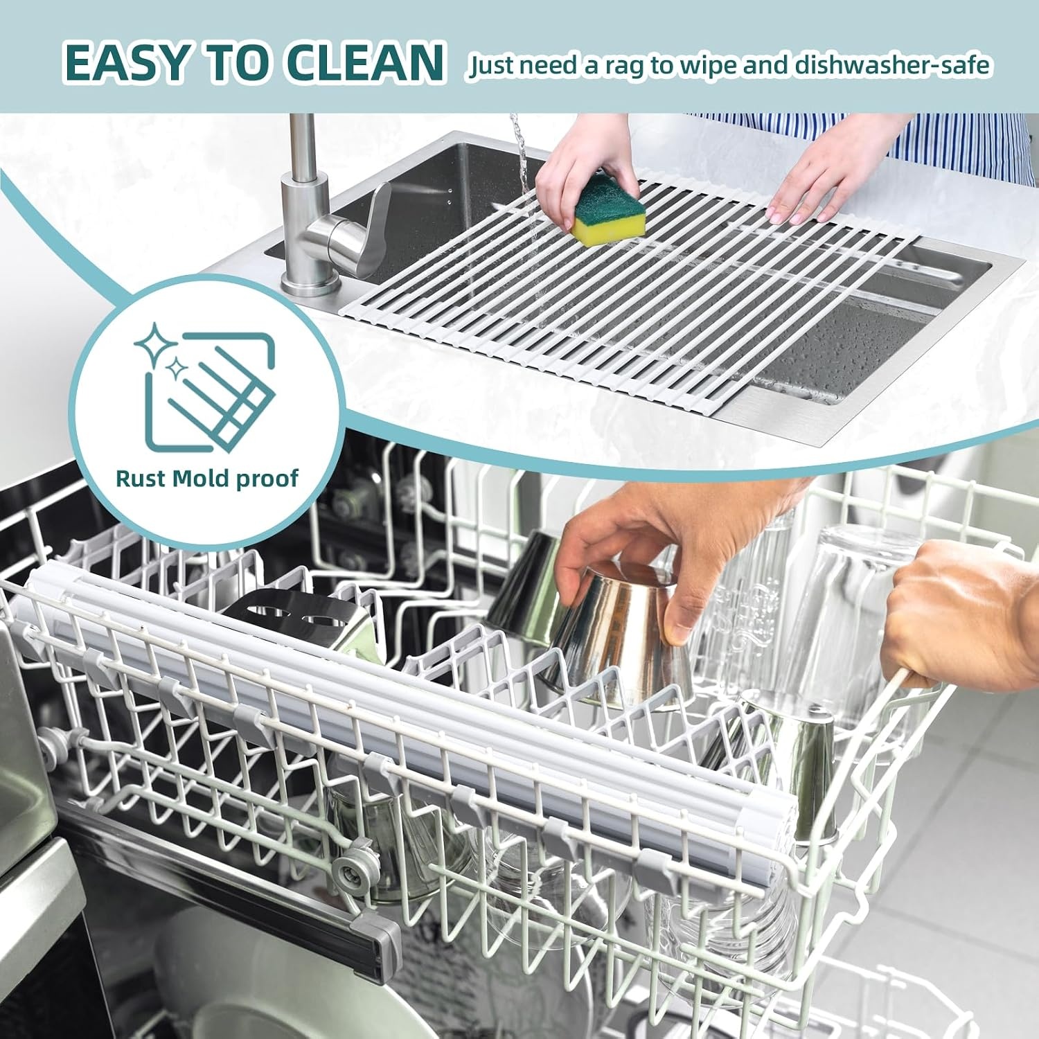 image:imageOhuhu Roll Up Dish Drying Rack Over The Sink Multipurpose RollUp Dish Racks 165 W x 13 L Rolling HeatResistant AntiSlip Silicone Coated Dish Drainer Portable Foldable for Kitchen CounterWhite