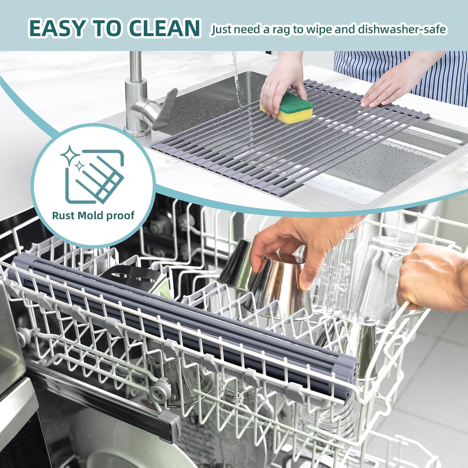 image:imageOhuhu Roll Up Dish Drying Rack Over The Sink Multipurpose RollUp Dish Racks 165 W x 13 L Rolling HeatResistant AntiSlip Silicone Coated Dish Drainer Portable Foldable for Kitchen CounterGray