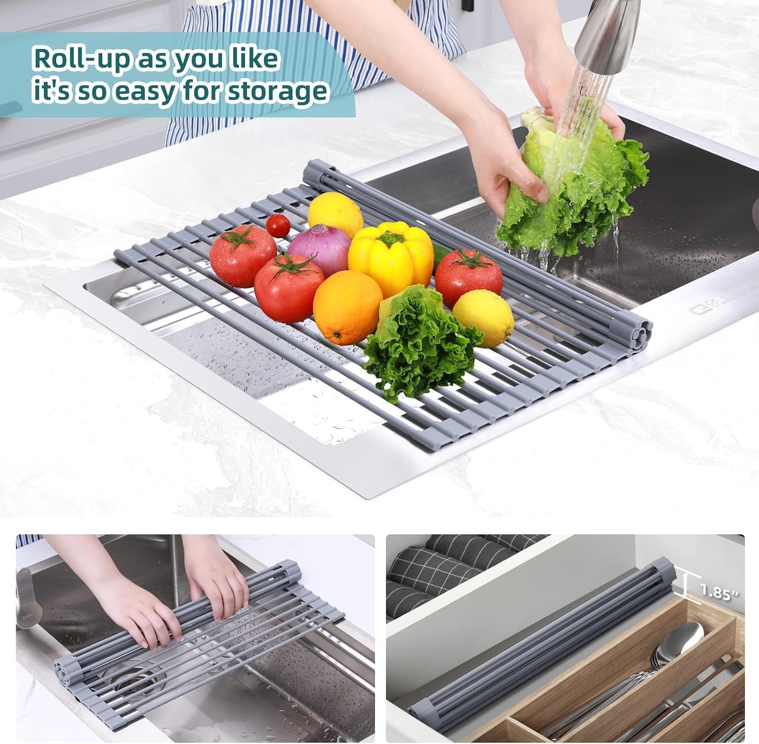 image:imageOhuhu Roll Up Dish Drying Rack Over The Sink Multipurpose RollUp Dish Racks 165 W x 13 L Rolling HeatResistant AntiSlip Silicone Coated Dish Drainer Portable Foldable for Kitchen CounterGray