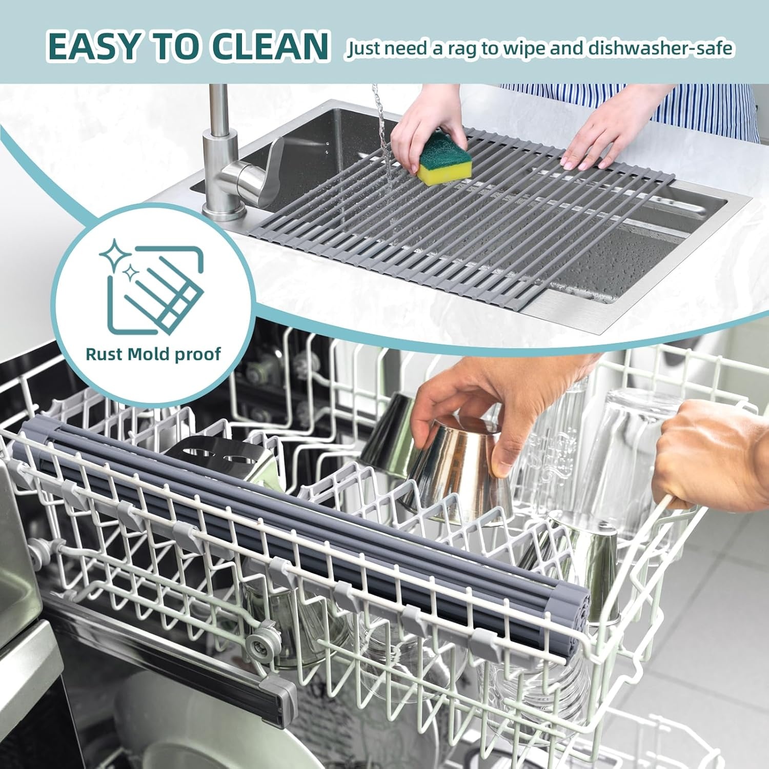 image:imageOhuhu Roll Up Dish Drying Rack Over The Sink Multipurpose RollUp Dish Racks 165 W x 13 L Rolling HeatResistant AntiSlip Silicone Coated Dish Drainer Portable Foldable for Kitchen CounterGray