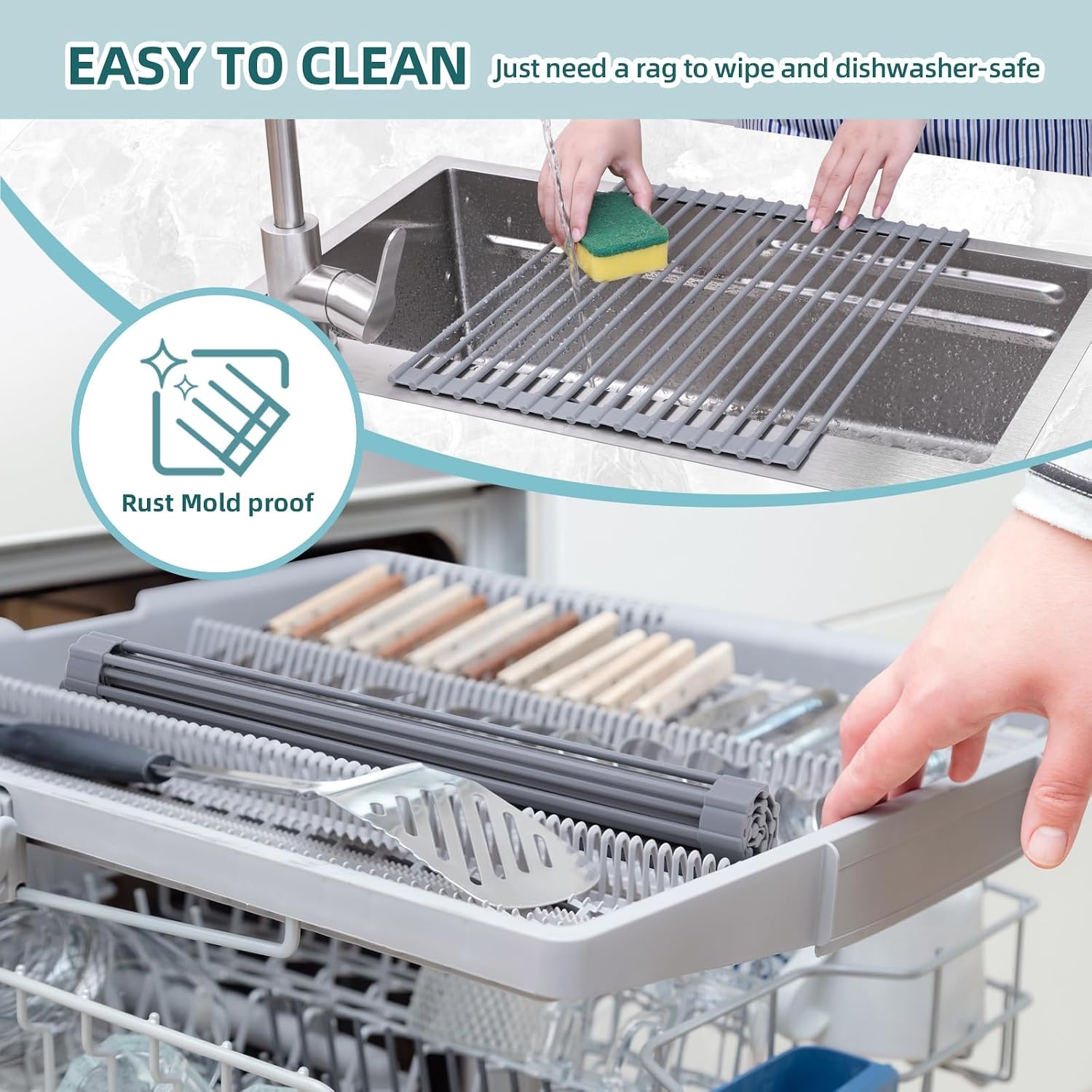 image:imageOhuhu Roll Up Dish Drying Rack Over The Sink Multipurpose RollUp Dish Racks 165 W x 13 L Rolling HeatResistant AntiSlip Silicone Coated Dish Drainer Portable Foldable for Kitchen CounterGray