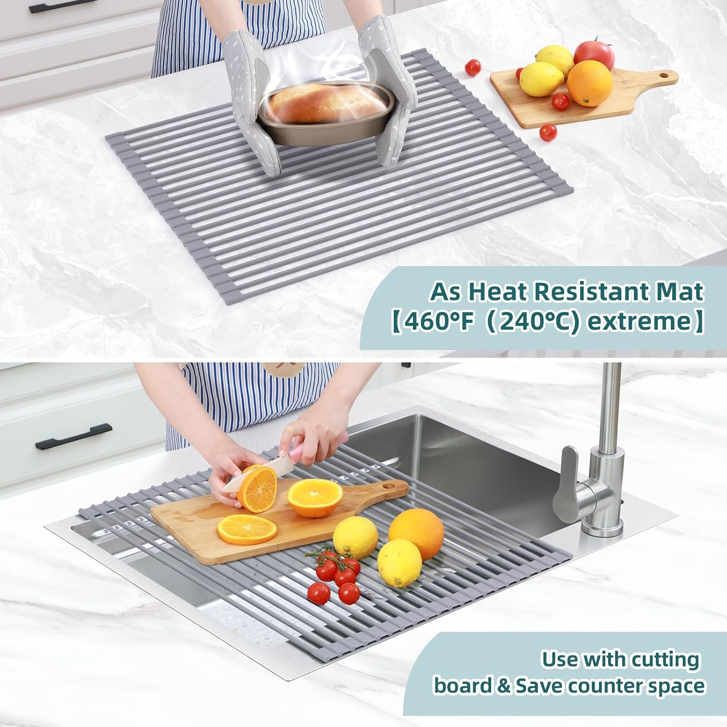 image:imageOhuhu Roll Up Dish Drying Rack Over The Sink Multipurpose RollUp Dish Racks 165 W x 13 L Rolling HeatResistant AntiSlip Silicone Coated Dish Drainer Portable Foldable for Kitchen CounterGray