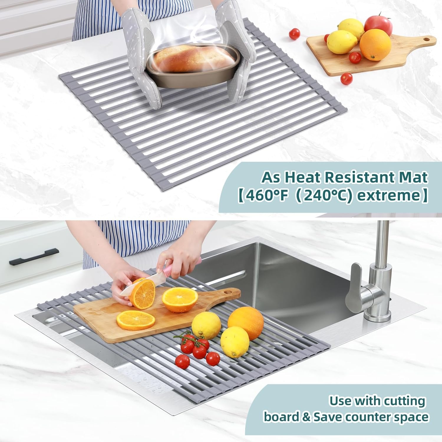 image:imageOhuhu Roll Up Dish Drying Rack Over The Sink Multipurpose RollUp Dish Racks 165 W x 13 L Rolling HeatResistant AntiSlip Silicone Coated Dish Drainer Portable Foldable for Kitchen CounterGray