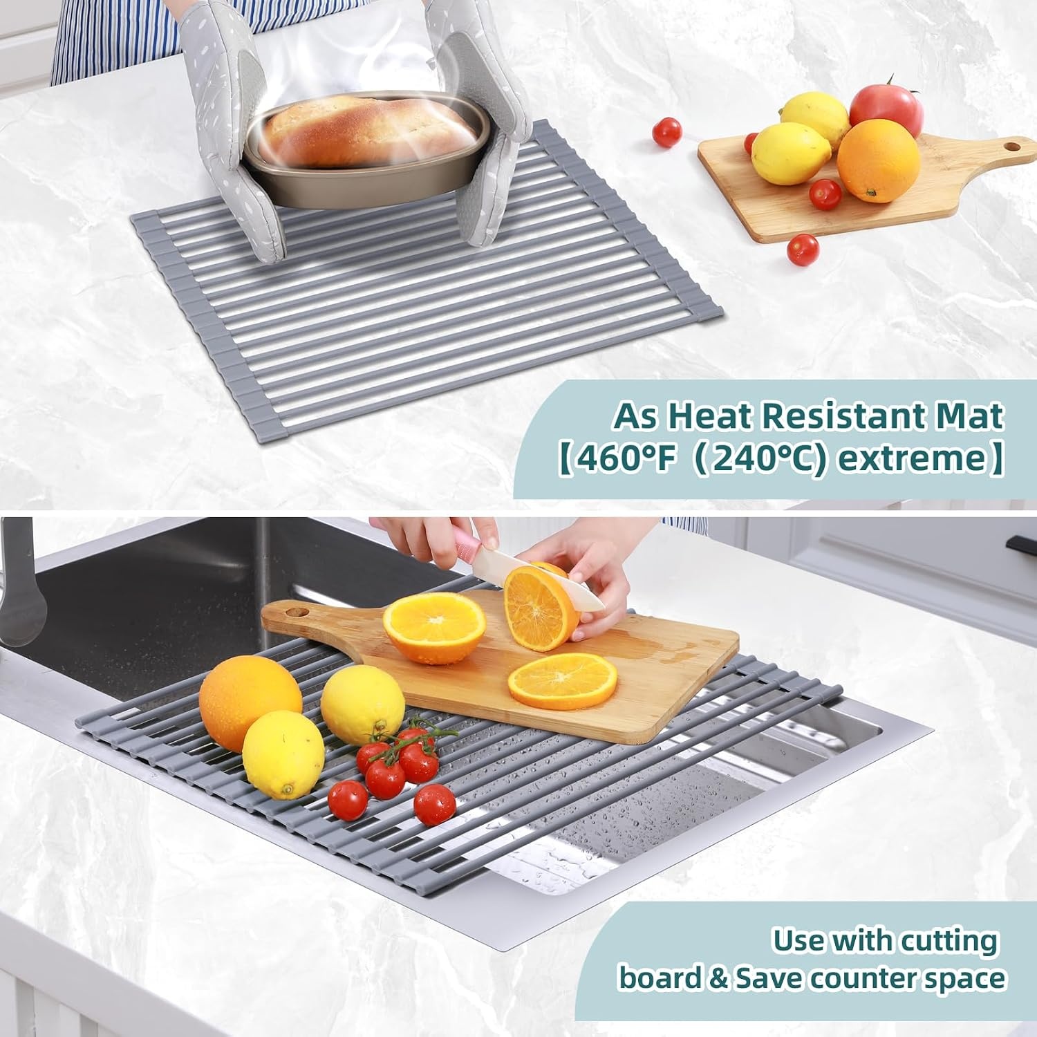 image:imageOhuhu Roll Up Dish Drying Rack Over The Sink Multipurpose RollUp Dish Racks 165 W x 13 L Rolling HeatResistant AntiSlip Silicone Coated Dish Drainer Portable Foldable for Kitchen CounterGray