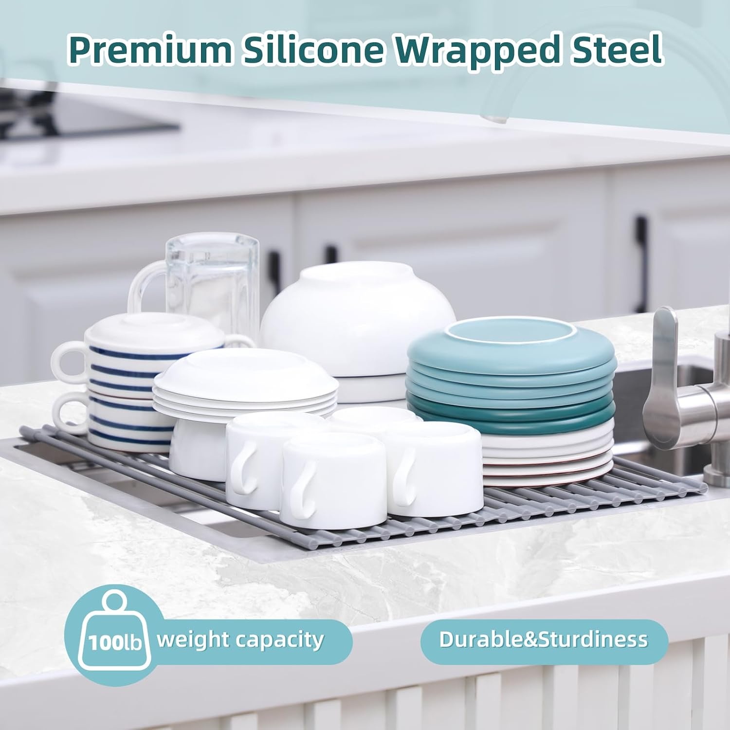 image:imageOhuhu Roll Up Dish Drying Rack Over The Sink Multipurpose RollUp Dish Racks 165 W x 13 L Rolling HeatResistant AntiSlip Silicone Coated Dish Drainer Portable Foldable for Kitchen CounterGray