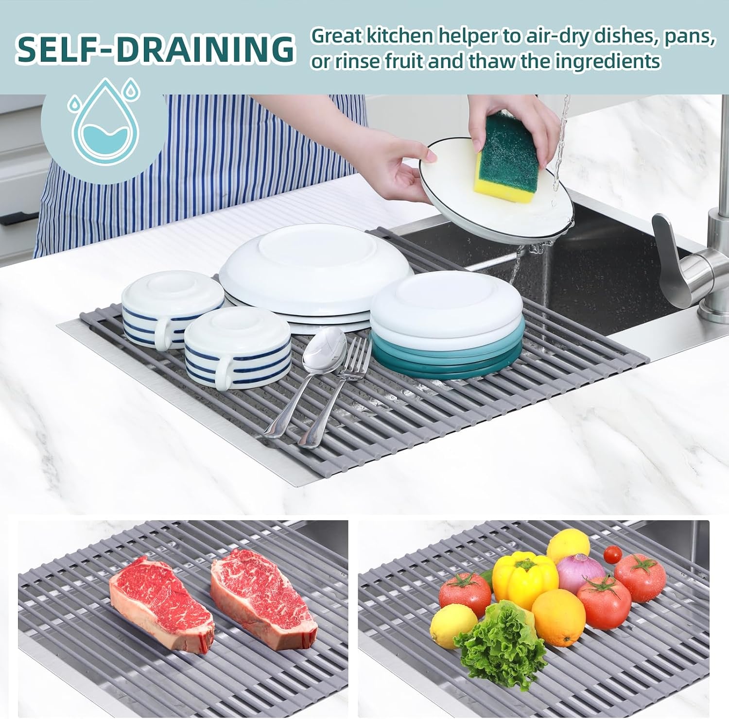 image:imageOhuhu Roll Up Dish Drying Rack Over The Sink Multipurpose RollUp Dish Racks 165 W x 13 L Rolling HeatResistant AntiSlip Silicone Coated Dish Drainer Portable Foldable for Kitchen CounterGray