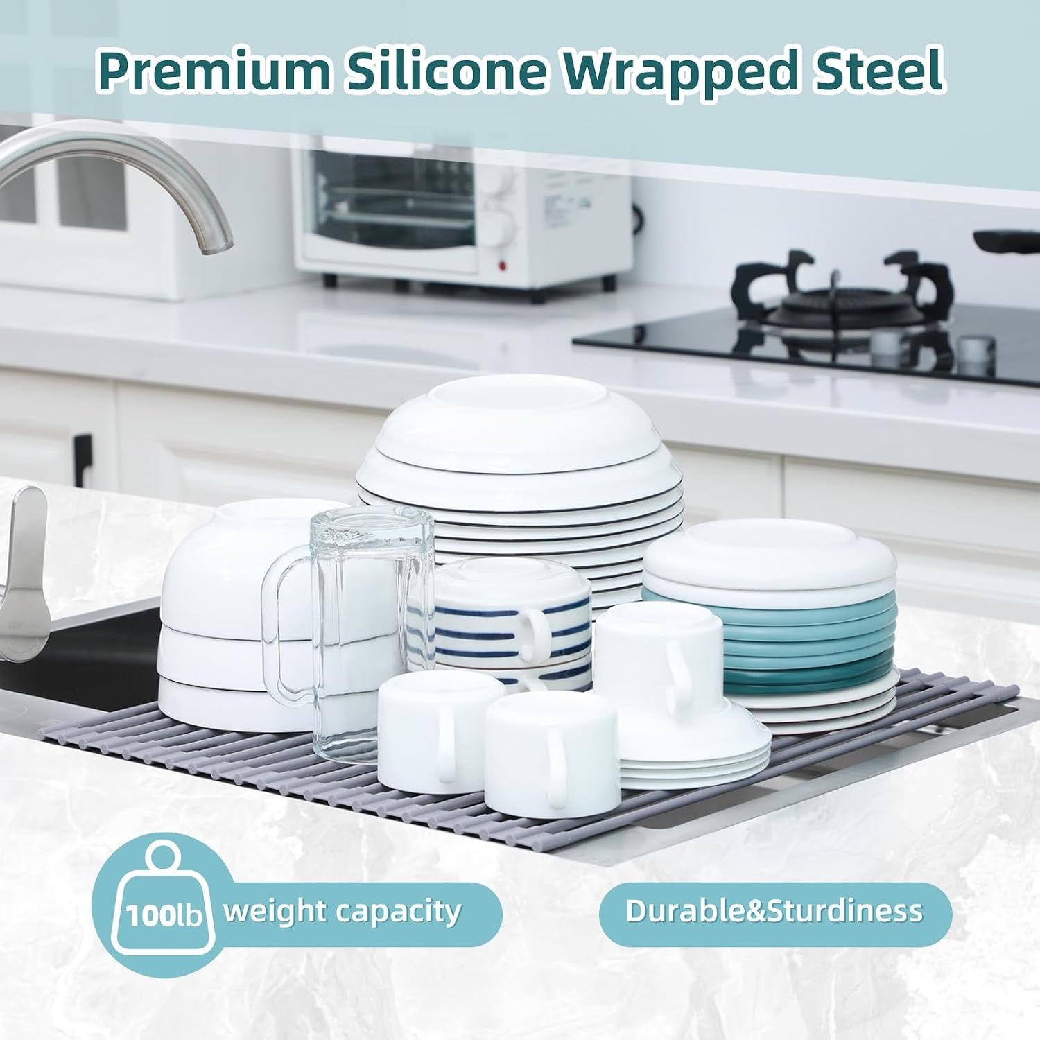 image:imageOhuhu Roll Up Dish Drying Rack Over The Sink Multipurpose RollUp Dish Racks 165 W x 13 L Rolling HeatResistant AntiSlip Silicone Coated Dish Drainer Portable Foldable for Kitchen CounterGray