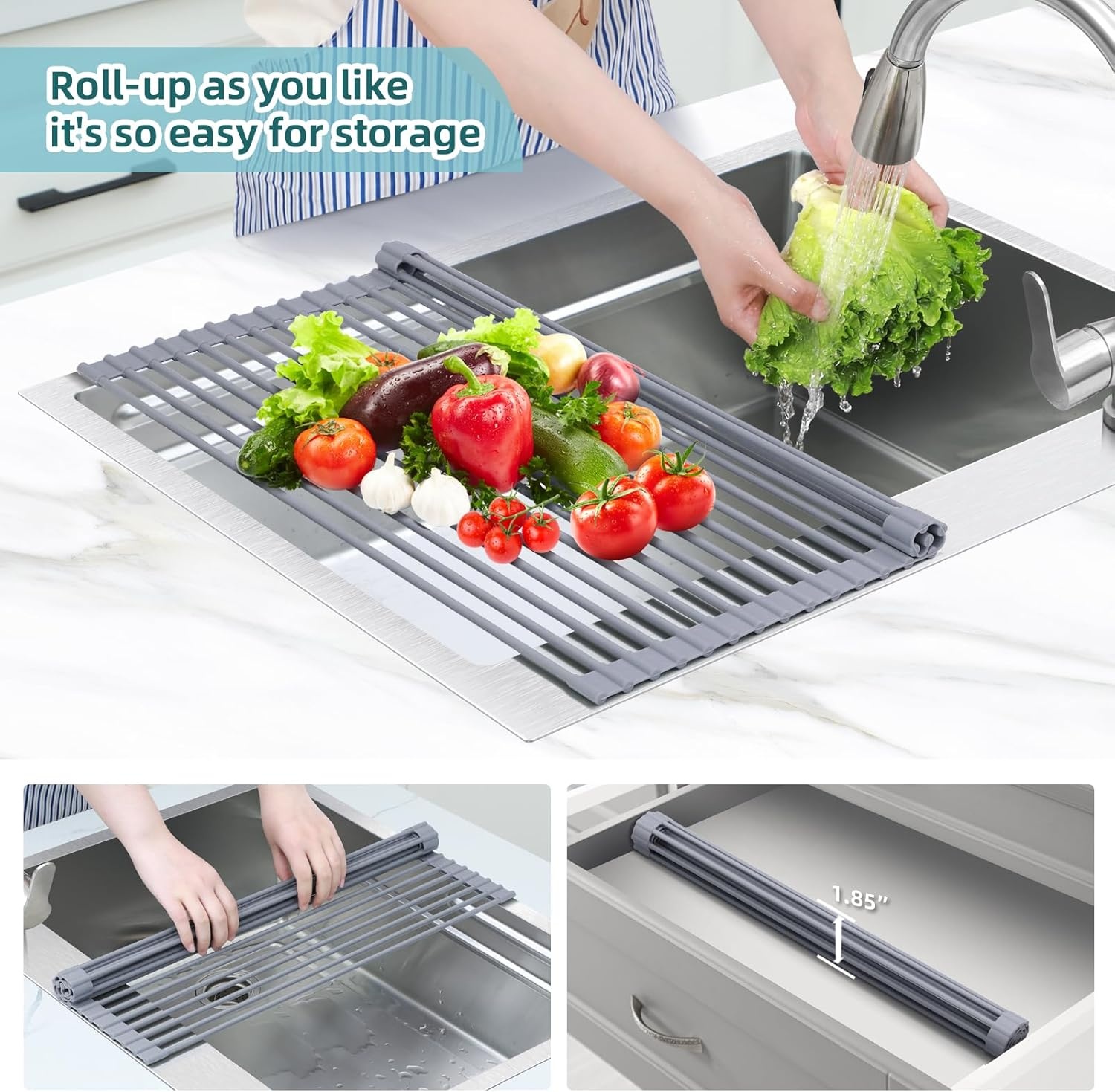 image:imageOhuhu Roll Up Dish Drying Rack Over The Sink Multipurpose RollUp Dish Racks 165 W x 13 L Rolling HeatResistant AntiSlip Silicone Coated Dish Drainer Portable Foldable for Kitchen CounterGray