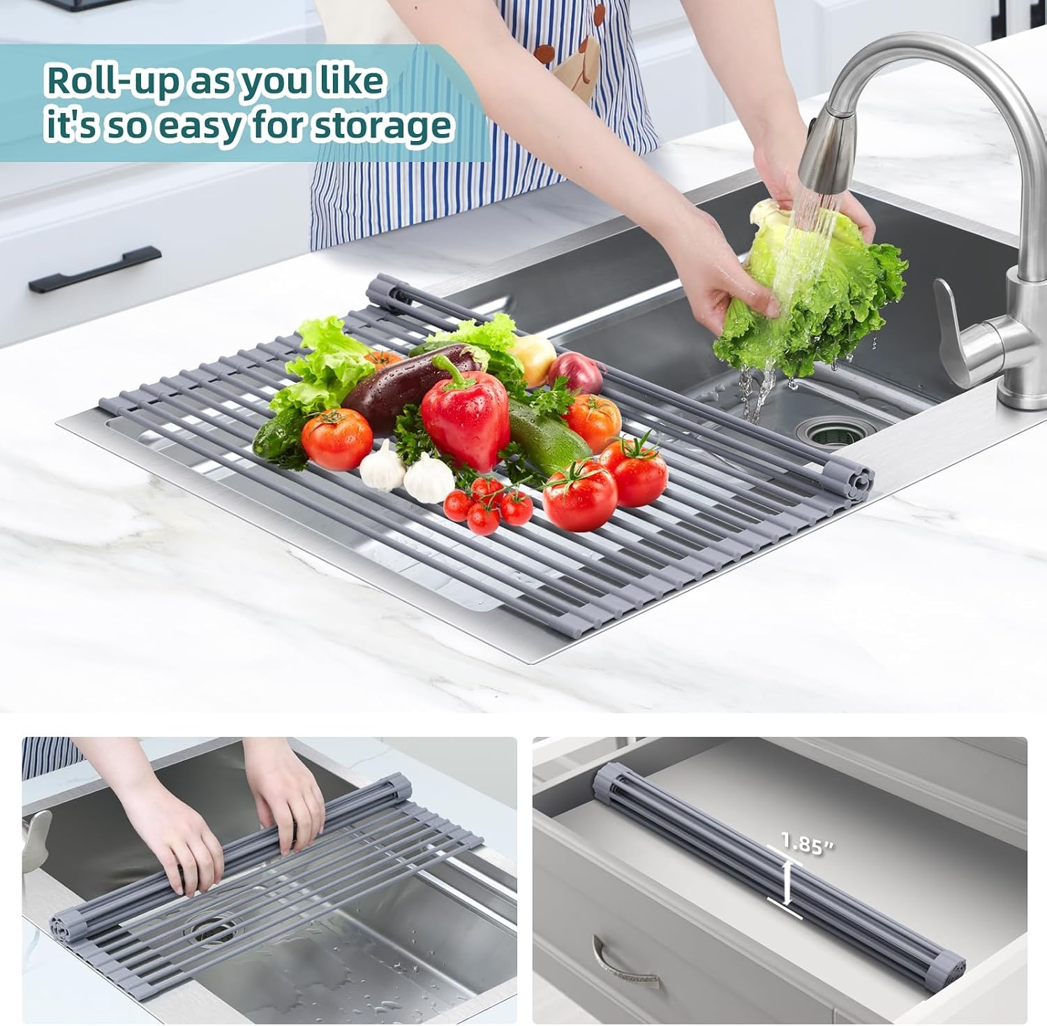 image:imageOhuhu Roll Up Dish Drying Rack Over The Sink Multipurpose RollUp Dish Racks 165 W x 13 L Rolling HeatResistant AntiSlip Silicone Coated Dish Drainer Portable Foldable for Kitchen CounterGray