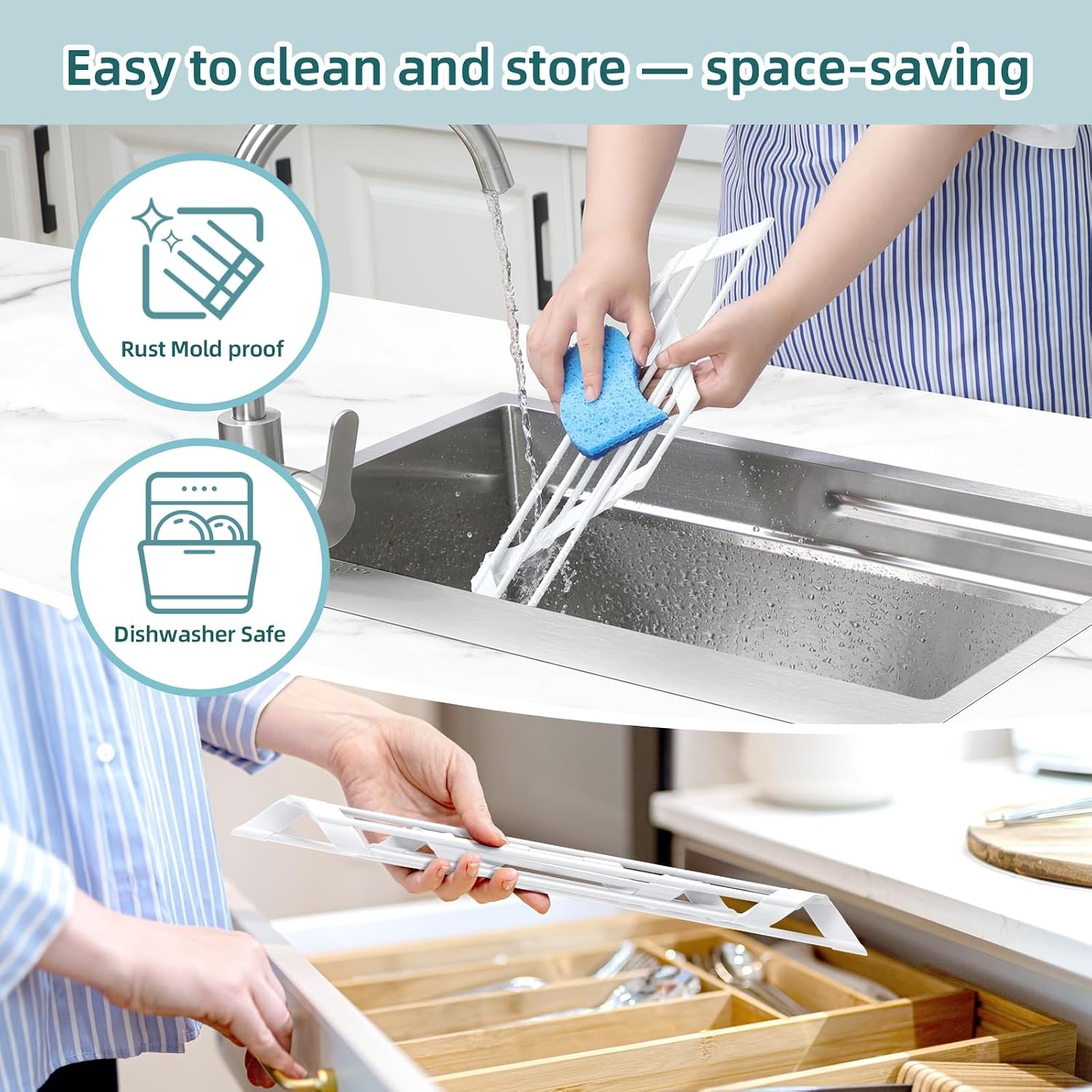 image:imageOhuhu Roll Up Dish Drying Rack Over The Sink Multipurpose RollUp Dish Racks 165 W x 13 L Rolling HeatResistant AntiSlip Silicone Coated Dish Drainer Portable Foldable for Kitchen CounterWhite