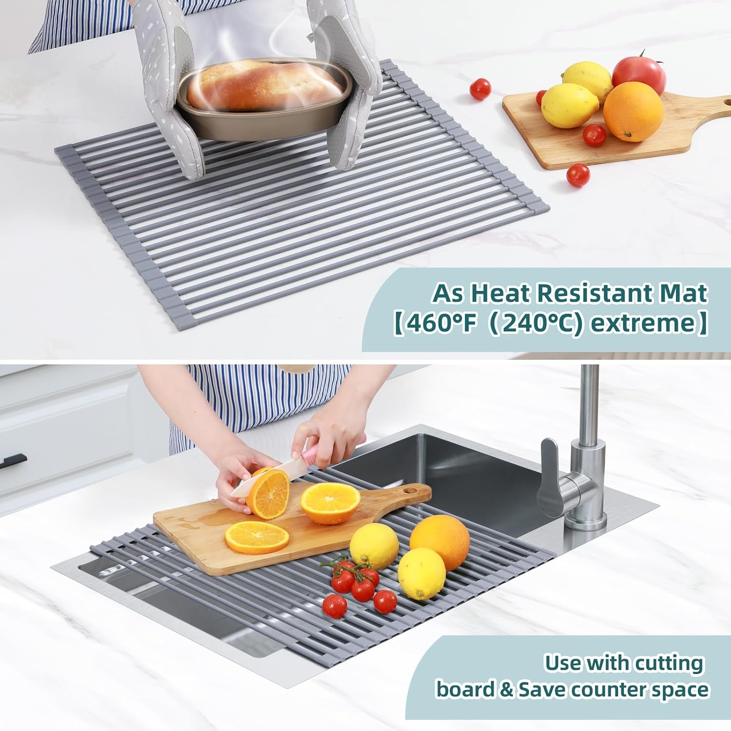 image:imageOhuhu Roll Up Dish Drying Rack Over The Sink Multipurpose RollUp Dish Racks 165 W x 13 L Rolling HeatResistant AntiSlip Silicone Coated Dish Drainer Portable Foldable for Kitchen CounterGray