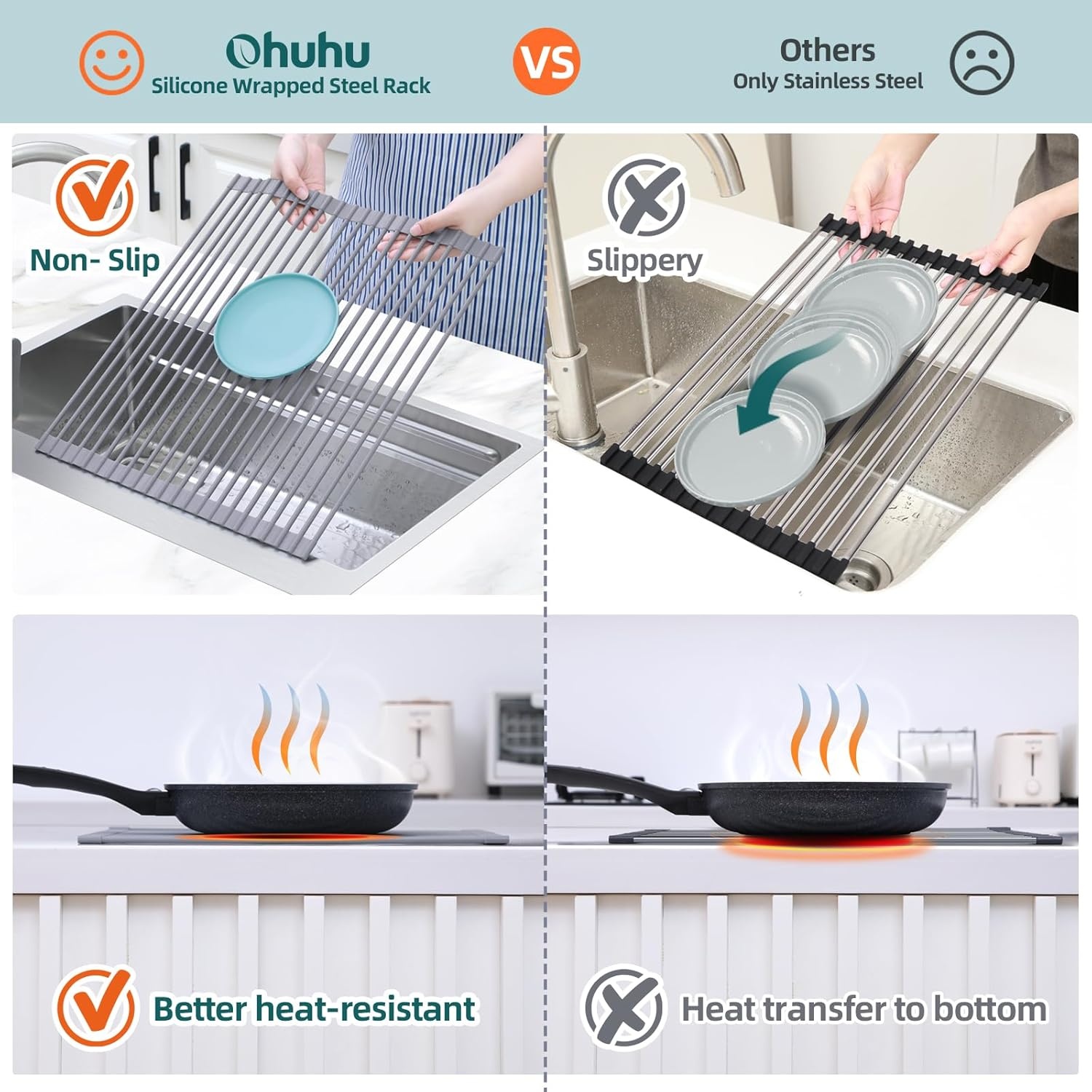 image:imageOhuhu Roll Up Dish Drying Rack Over The Sink Multipurpose RollUp Dish Racks 165 W x 13 L Rolling HeatResistant AntiSlip Silicone Coated Dish Drainer Portable Foldable for Kitchen CounterGray