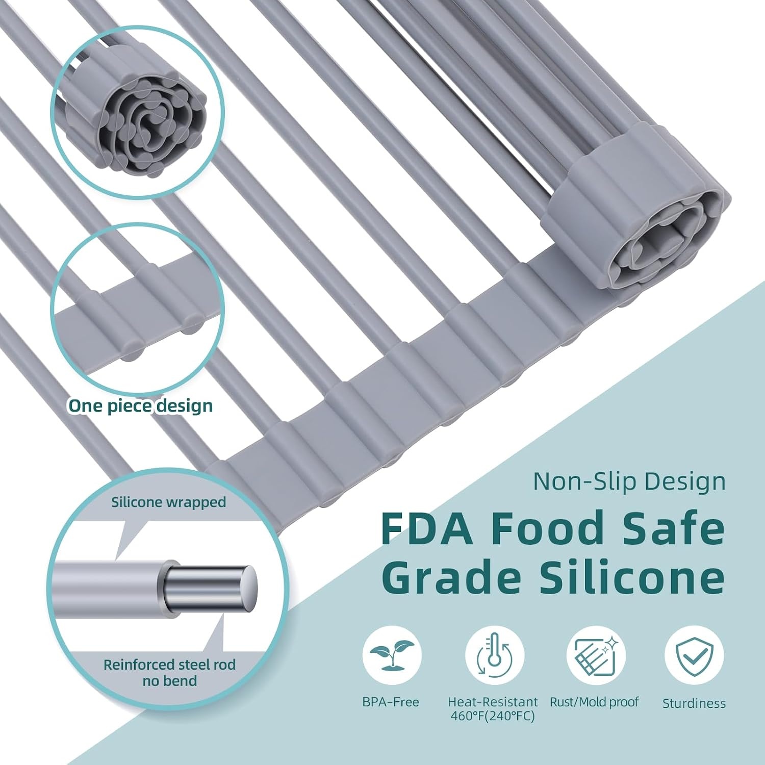 image:imageOhuhu Roll Up Dish Drying Rack Over The Sink Multipurpose RollUp Dish Racks 165 W x 13 L Rolling HeatResistant AntiSlip Silicone Coated Dish Drainer Portable Foldable for Kitchen CounterGray