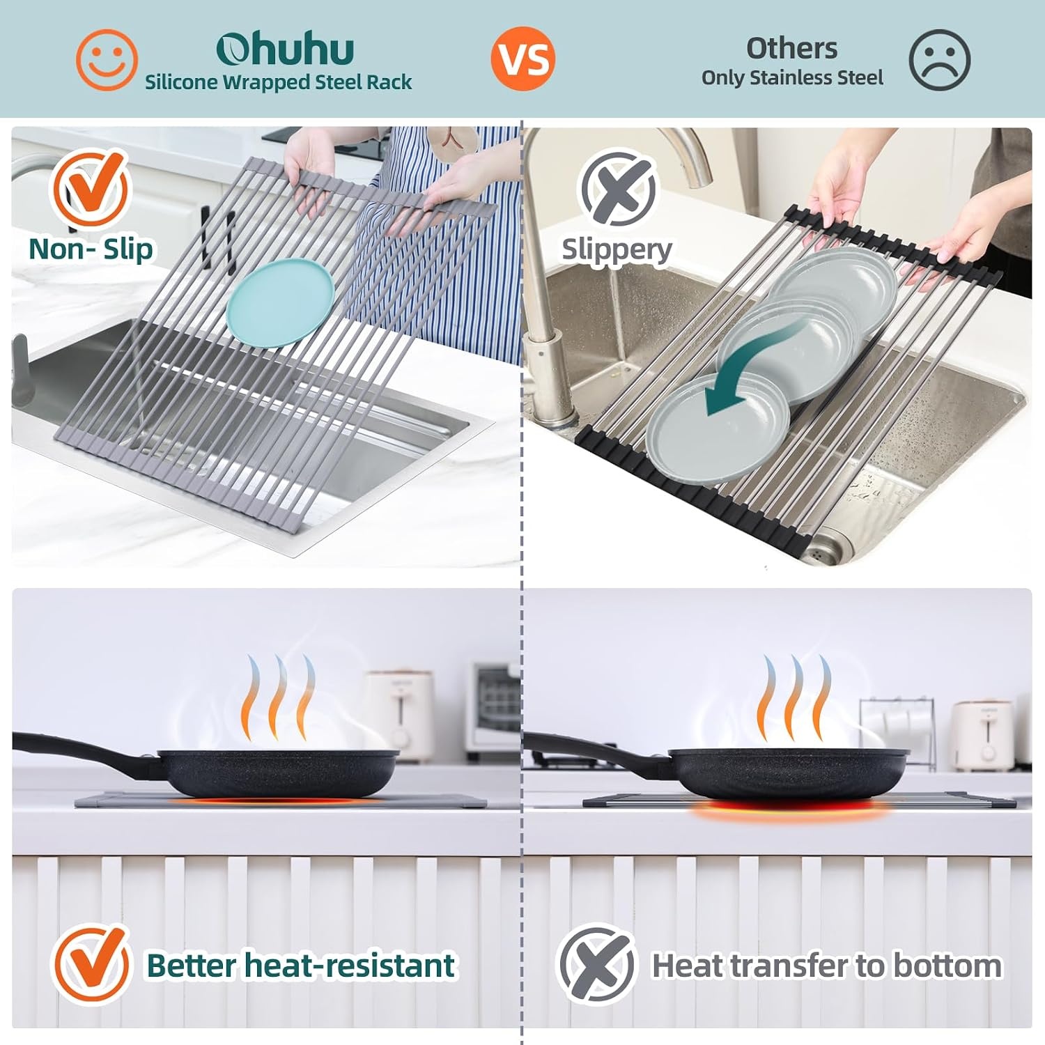 image:imageOhuhu Roll Up Dish Drying Rack Over The Sink Multipurpose RollUp Dish Racks 165 W x 13 L Rolling HeatResistant AntiSlip Silicone Coated Dish Drainer Portable Foldable for Kitchen CounterGray