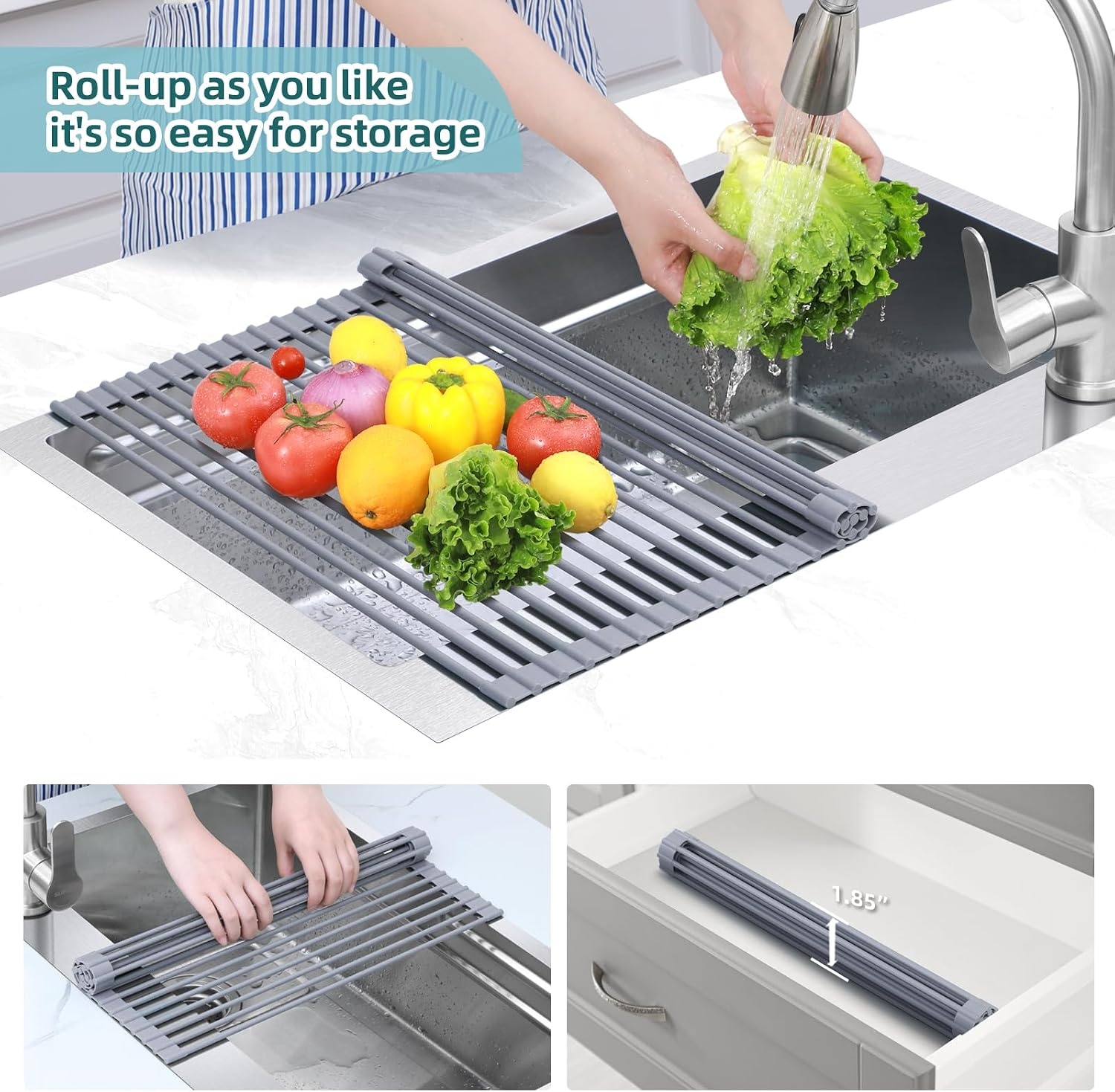 image:imageOhuhu Roll Up Dish Drying Rack Over The Sink Multipurpose RollUp Dish Racks 165 W x 13 L Rolling HeatResistant AntiSlip Silicone Coated Dish Drainer Portable Foldable for Kitchen CounterGray