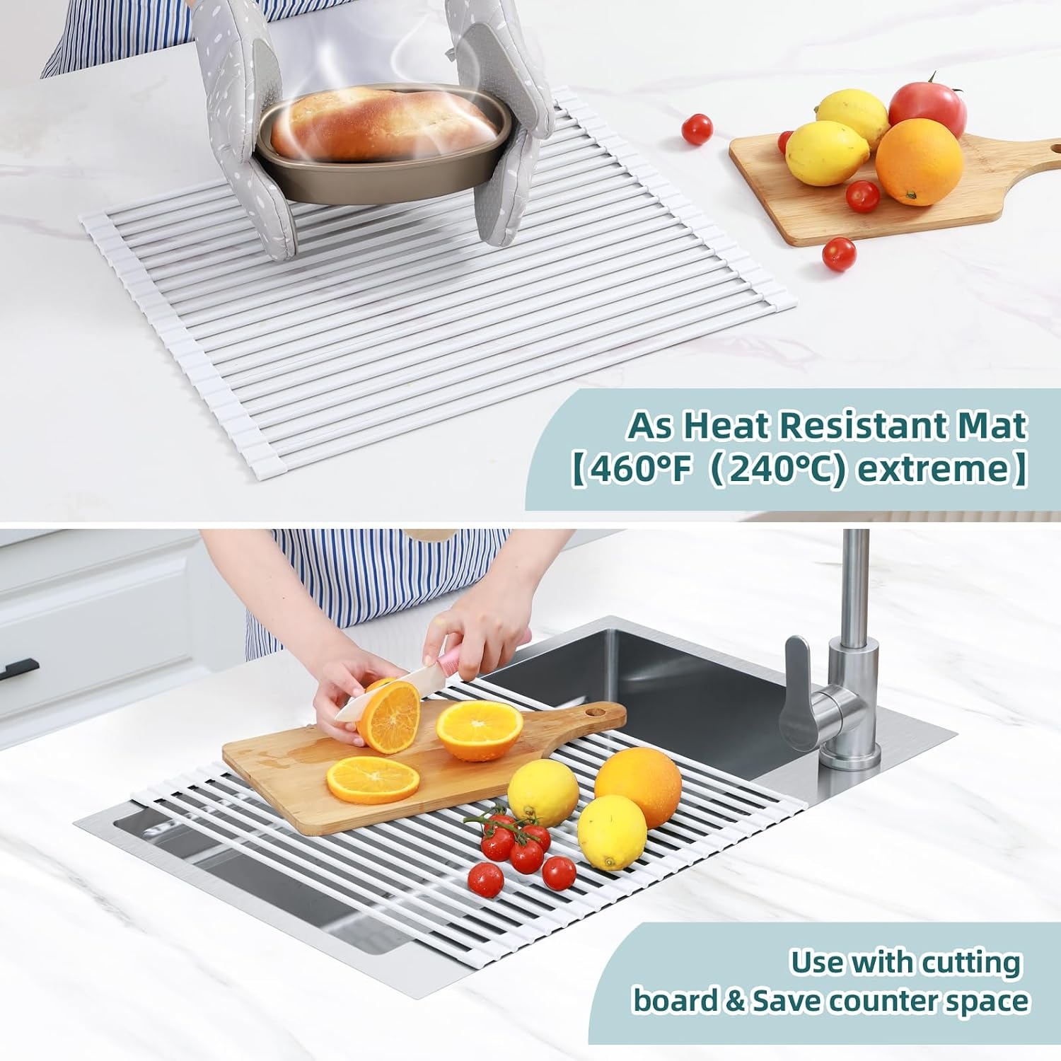 image:imageOhuhu Roll Up Dish Drying Rack Over The Sink Multipurpose RollUp Dish Racks 165 W x 13 L Rolling HeatResistant AntiSlip Silicone Coated Dish Drainer Portable Foldable for Kitchen CounterWhite