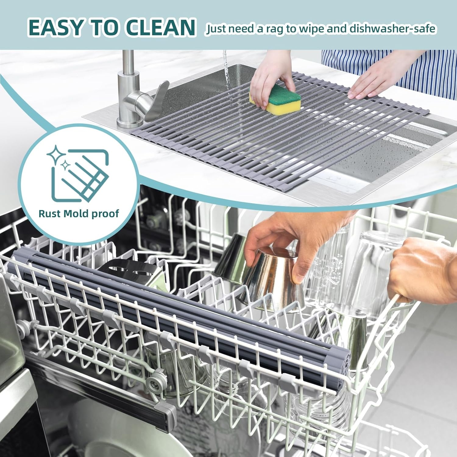 image:imageOhuhu Roll Up Dish Drying Rack Over The Sink Multipurpose RollUp Dish Racks 165 W x 13 L Rolling HeatResistant AntiSlip Silicone Coated Dish Drainer Portable Foldable for Kitchen CounterGray
