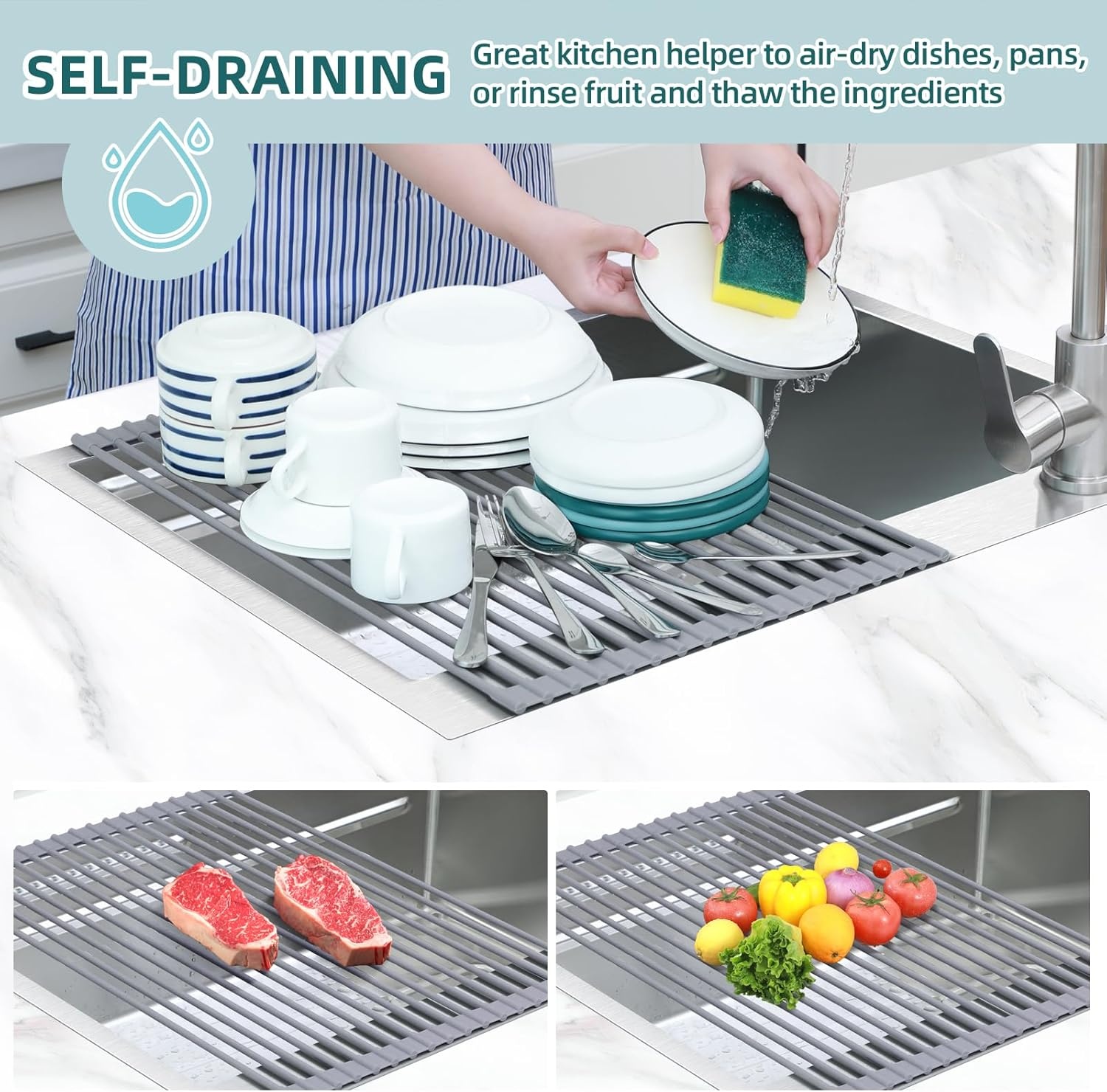 image:imageOhuhu Roll Up Dish Drying Rack Over The Sink Multipurpose RollUp Dish Racks 165 W x 13 L Rolling HeatResistant AntiSlip Silicone Coated Dish Drainer Portable Foldable for Kitchen CounterGray