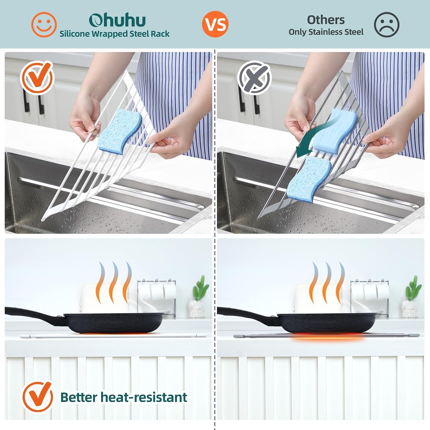 image:imageOhuhu Roll Up Dish Drying Rack Over The Sink Multipurpose RollUp Dish Racks 165 W x 13 L Rolling HeatResistant AntiSlip Silicone Coated Dish Drainer Portable Foldable for Kitchen CounterWhite