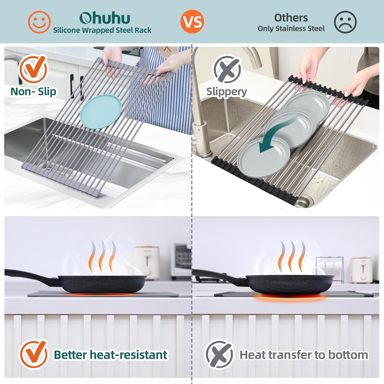 image:imageOhuhu Roll Up Dish Drying Rack Over The Sink Multipurpose RollUp Dish Racks 165 W x 13 L Rolling HeatResistant AntiSlip Silicone Coated Dish Drainer Portable Foldable for Kitchen CounterGray