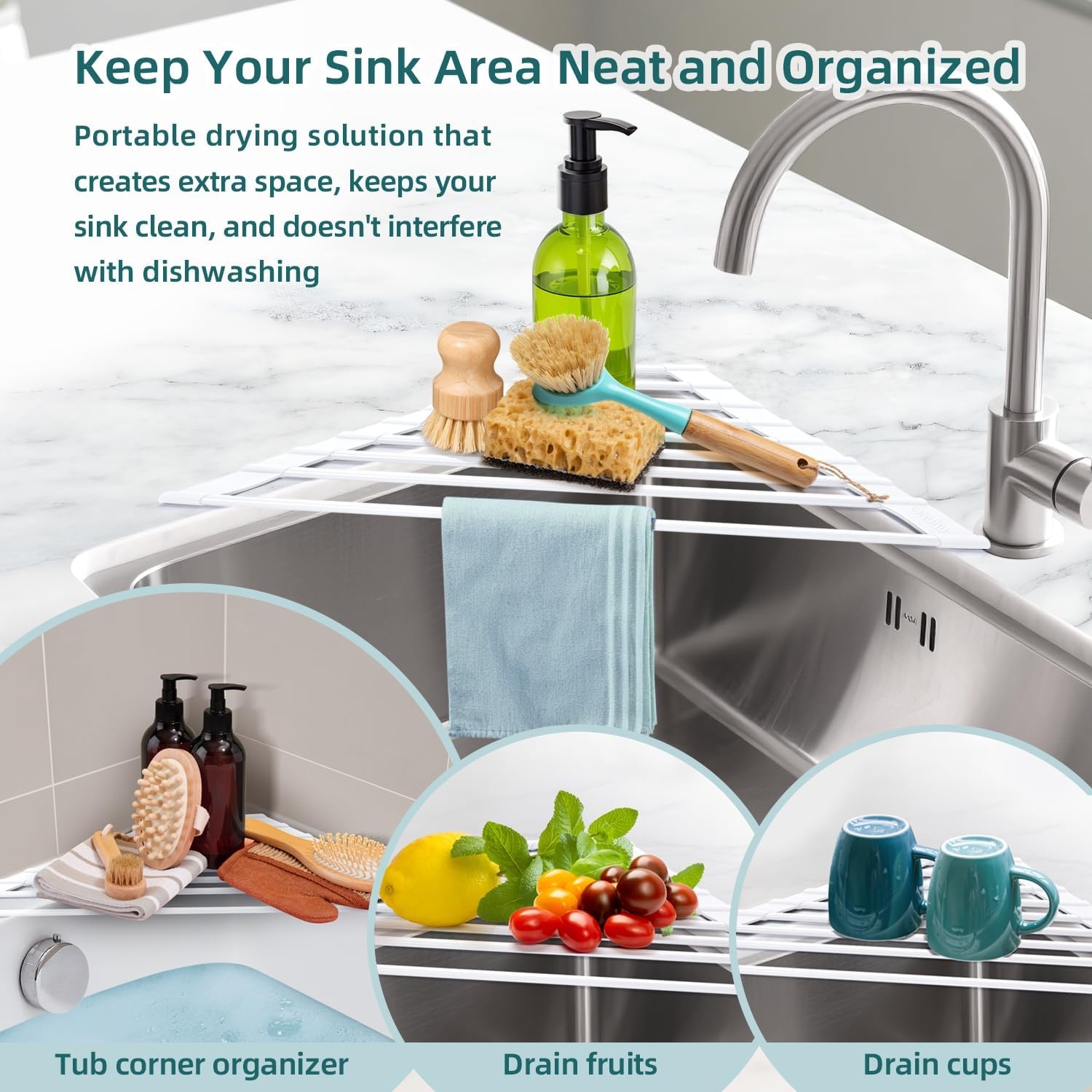 image:imageOhuhu Roll Up Dish Drying Rack Over The Sink Multipurpose RollUp Dish Racks 165 W x 13 L Rolling HeatResistant AntiSlip Silicone Coated Dish Drainer Portable Foldable for Kitchen CounterWhite