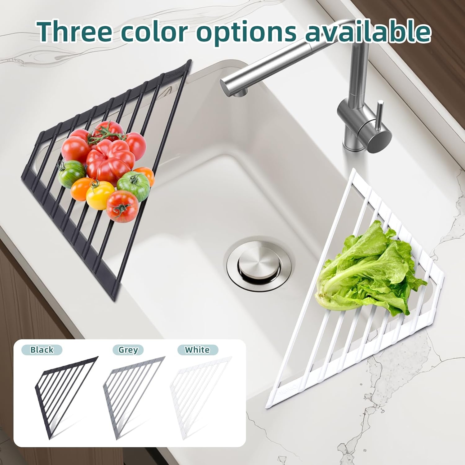 image:imageOhuhu Roll Up Dish Drying Rack Over The Sink Multipurpose RollUp Dish Racks 165 W x 13 L Rolling HeatResistant AntiSlip Silicone Coated Dish Drainer Portable Foldable for Kitchen CounterWhite