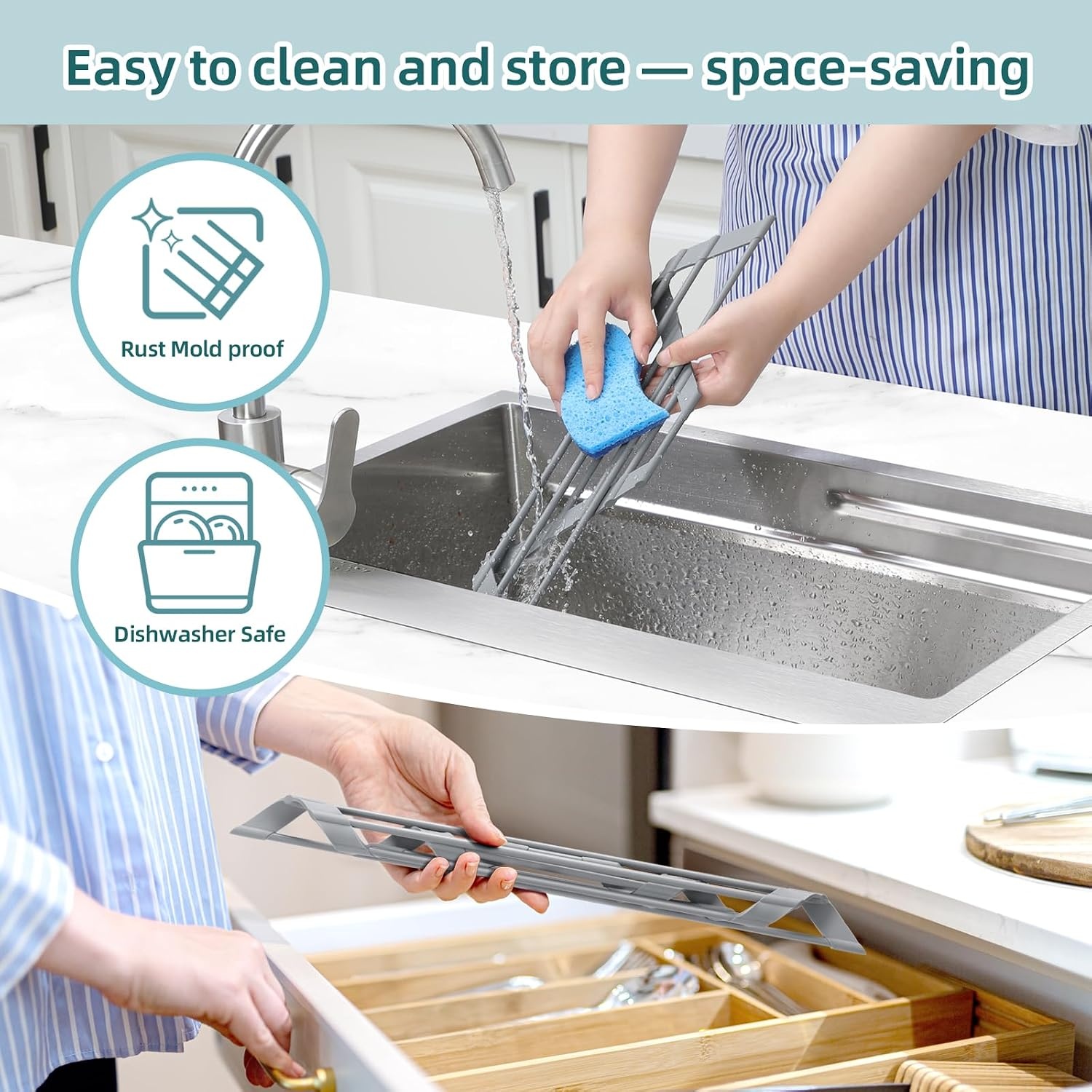 image:imageOhuhu Roll Up Dish Drying Rack Over The Sink Multipurpose RollUp Dish Racks 165 W x 13 L Rolling HeatResistant AntiSlip Silicone Coated Dish Drainer Portable Foldable for Kitchen CounterGray