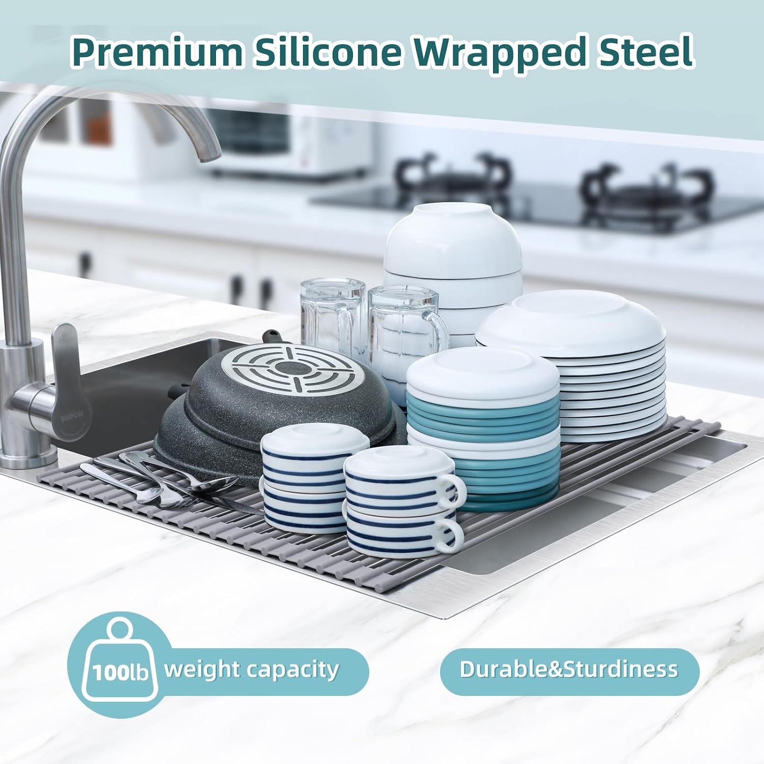 image:imageOhuhu Roll Up Dish Drying Rack Over The Sink Multipurpose RollUp Dish Racks 165 W x 13 L Rolling HeatResistant AntiSlip Silicone Coated Dish Drainer Portable Foldable for Kitchen CounterGray