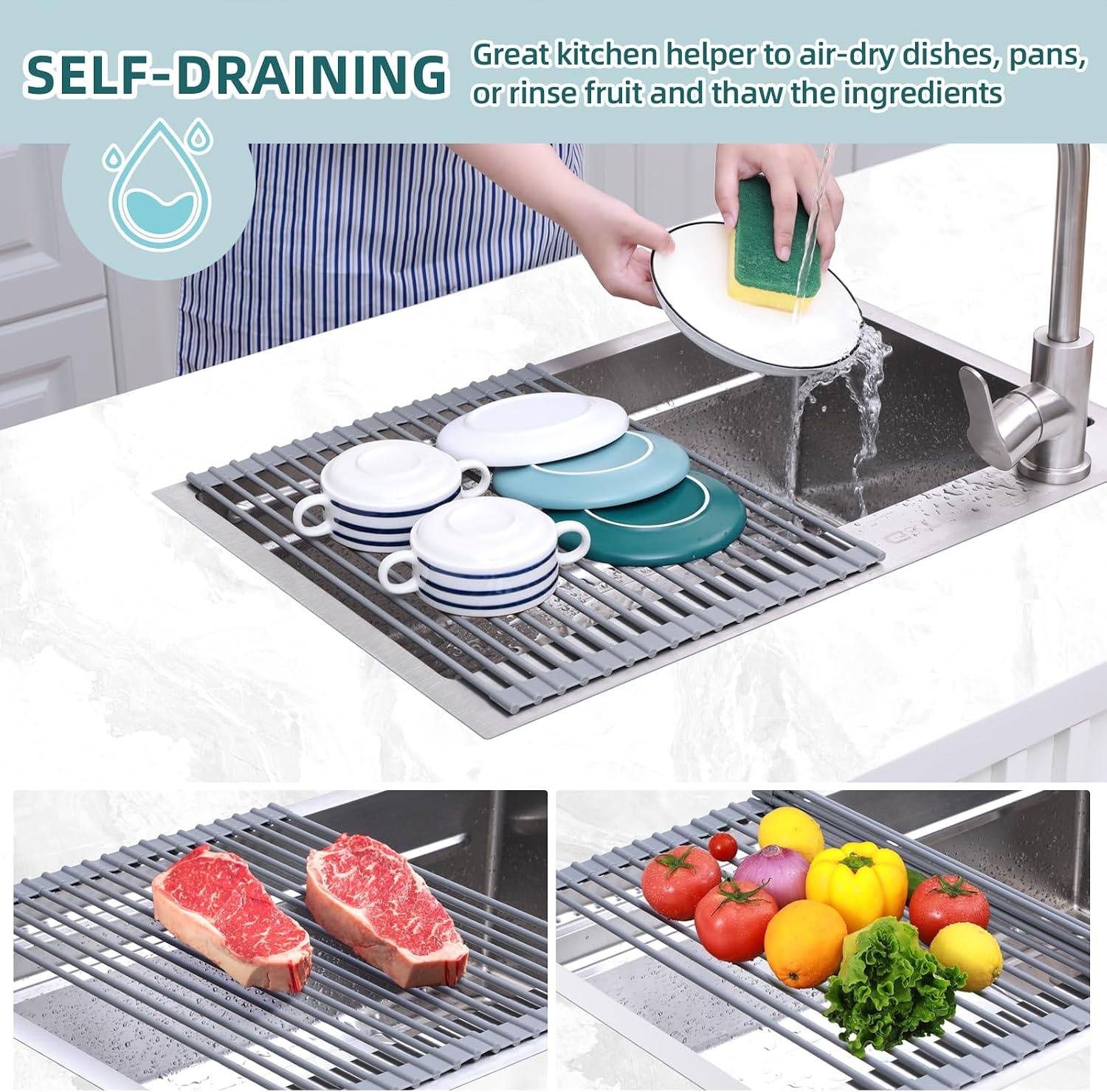 image:imageOhuhu Roll Up Dish Drying Rack Over The Sink Multipurpose RollUp Dish Racks 165 W x 13 L Rolling HeatResistant AntiSlip Silicone Coated Dish Drainer Portable Foldable for Kitchen CounterGray