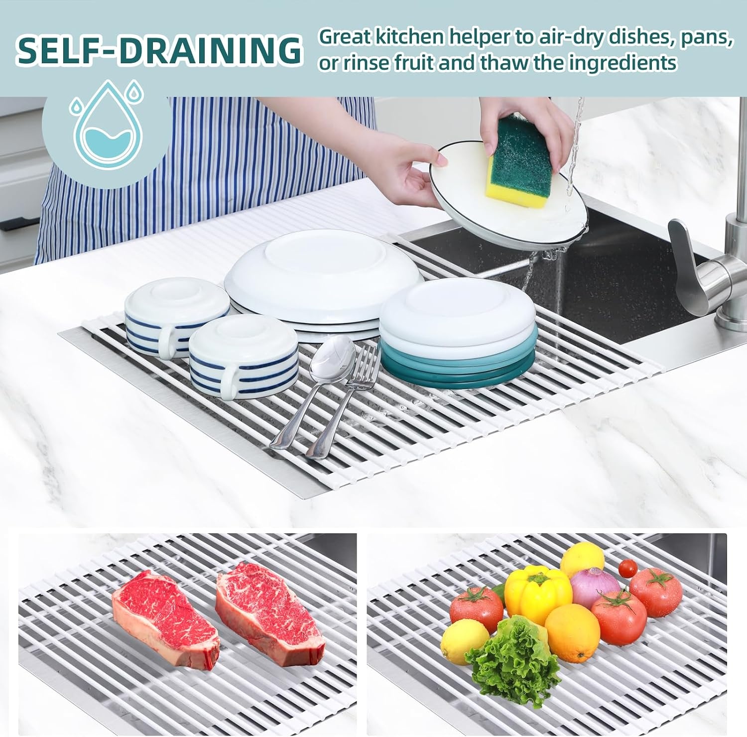 image:imageOhuhu Roll Up Dish Drying Rack Over The Sink Multipurpose RollUp Dish Racks 165 W x 13 L Rolling HeatResistant AntiSlip Silicone Coated Dish Drainer Portable Foldable for Kitchen CounterWhite