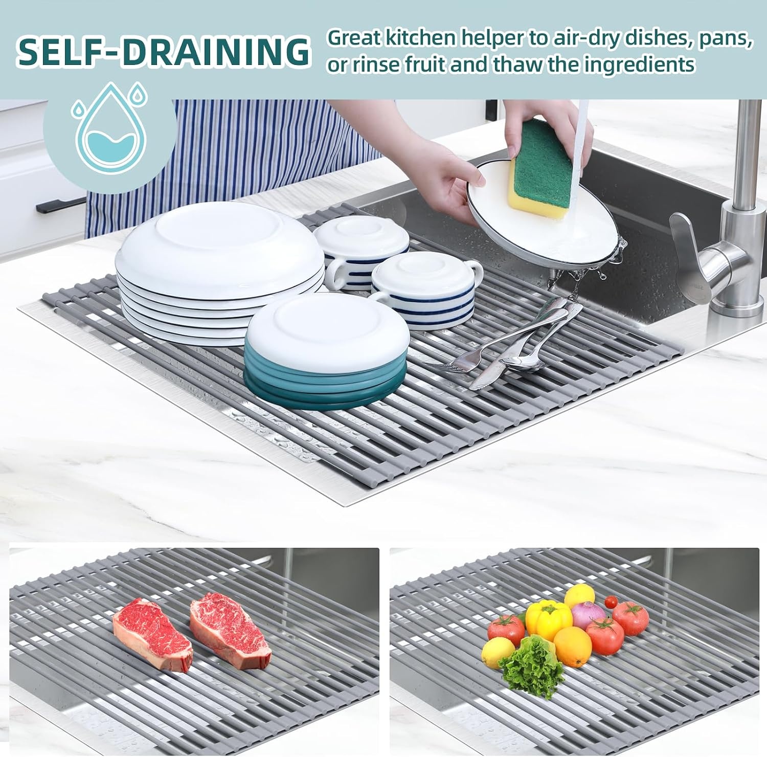 image:imageOhuhu Roll Up Dish Drying Rack Over The Sink Multipurpose RollUp Dish Racks 165 W x 13 L Rolling HeatResistant AntiSlip Silicone Coated Dish Drainer Portable Foldable for Kitchen CounterGray