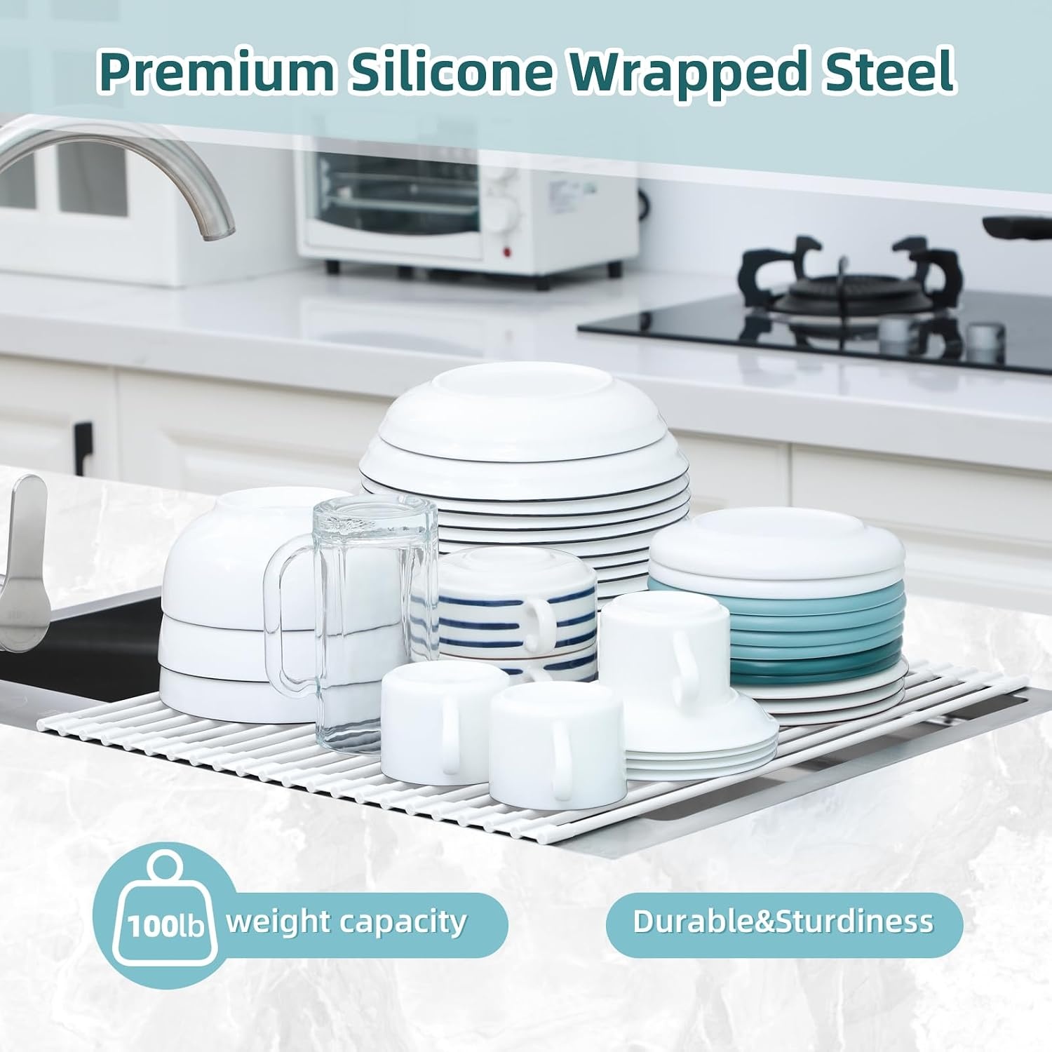 image:imageOhuhu Roll Up Dish Drying Rack Over The Sink Multipurpose RollUp Dish Racks 165 W x 13 L Rolling HeatResistant AntiSlip Silicone Coated Dish Drainer Portable Foldable for Kitchen CounterWhite