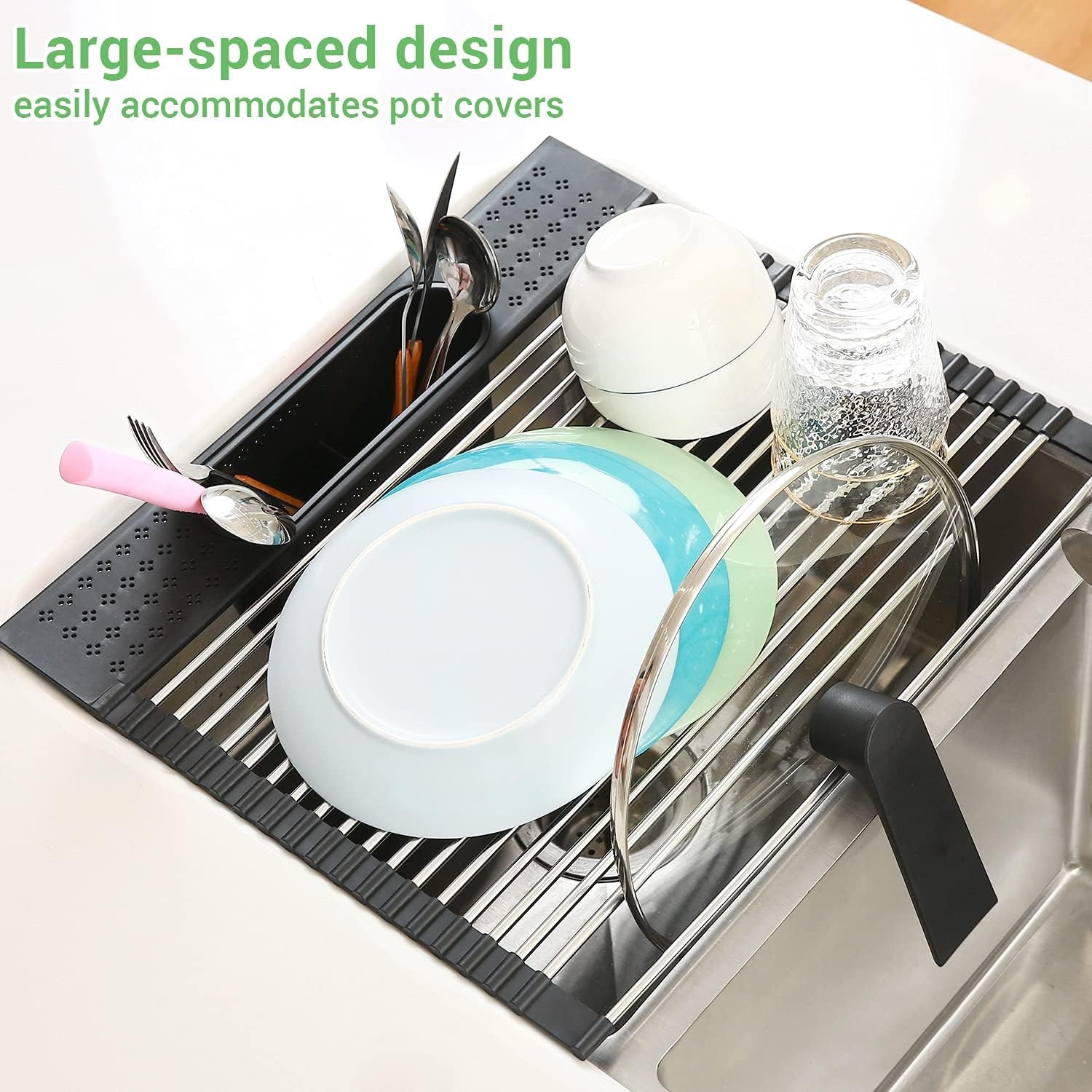 image:imageOhuhu Roll Up Dish Drying Rack with Utensil Holder Sink Dish Drying Rack 173 L x 156 W Dish Drainer Multipurpose Collapsible Dish Racks for Kitchen Counter Organizer