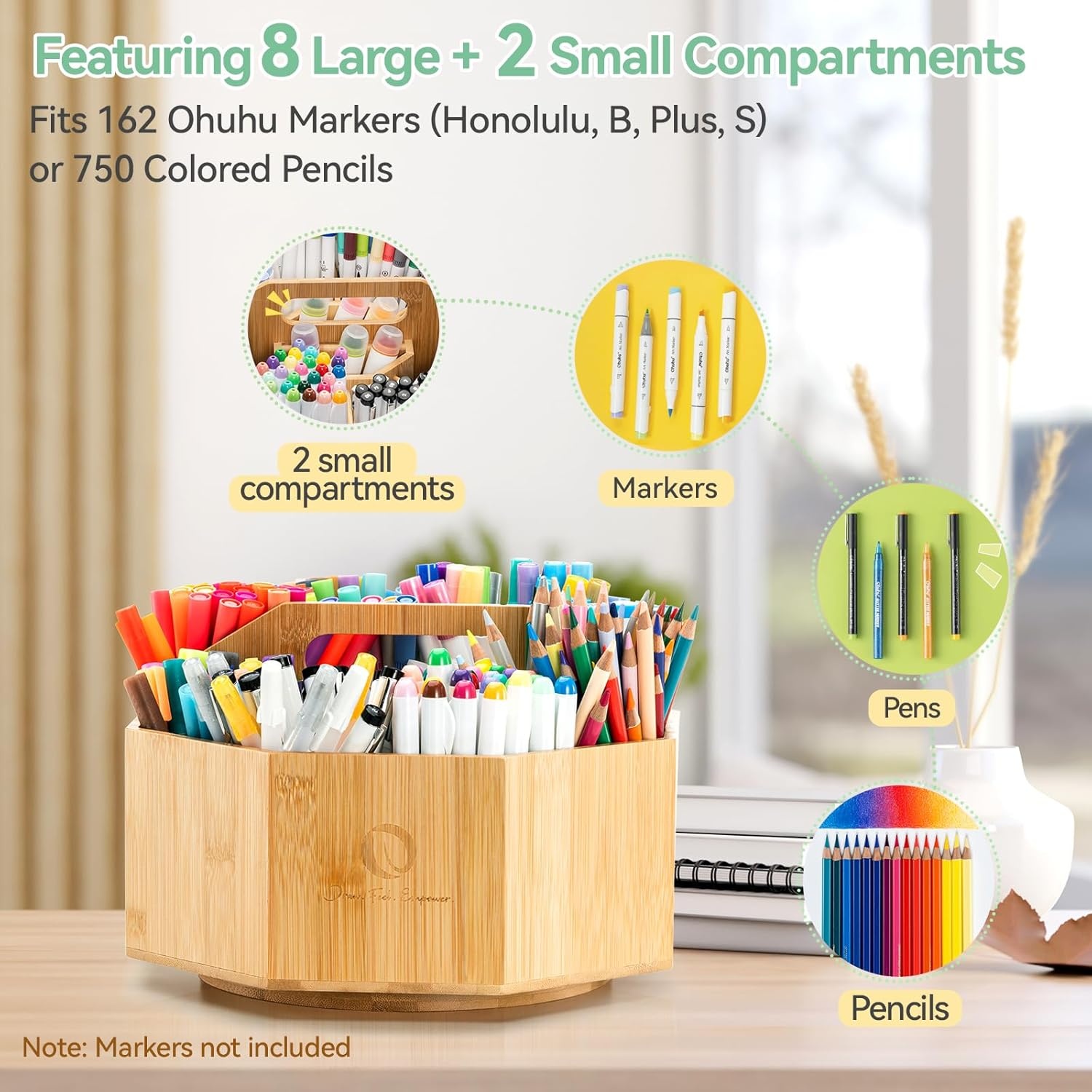 image:imageOhuhu Rotating Marker Organizer for Alcohol Markers 360 Rotating Bamboo Storage Hold 162 Honoluluamp B Alcohol Markers Pens Pencil Holder with 10 Compartments for Home Classroom Office Decor