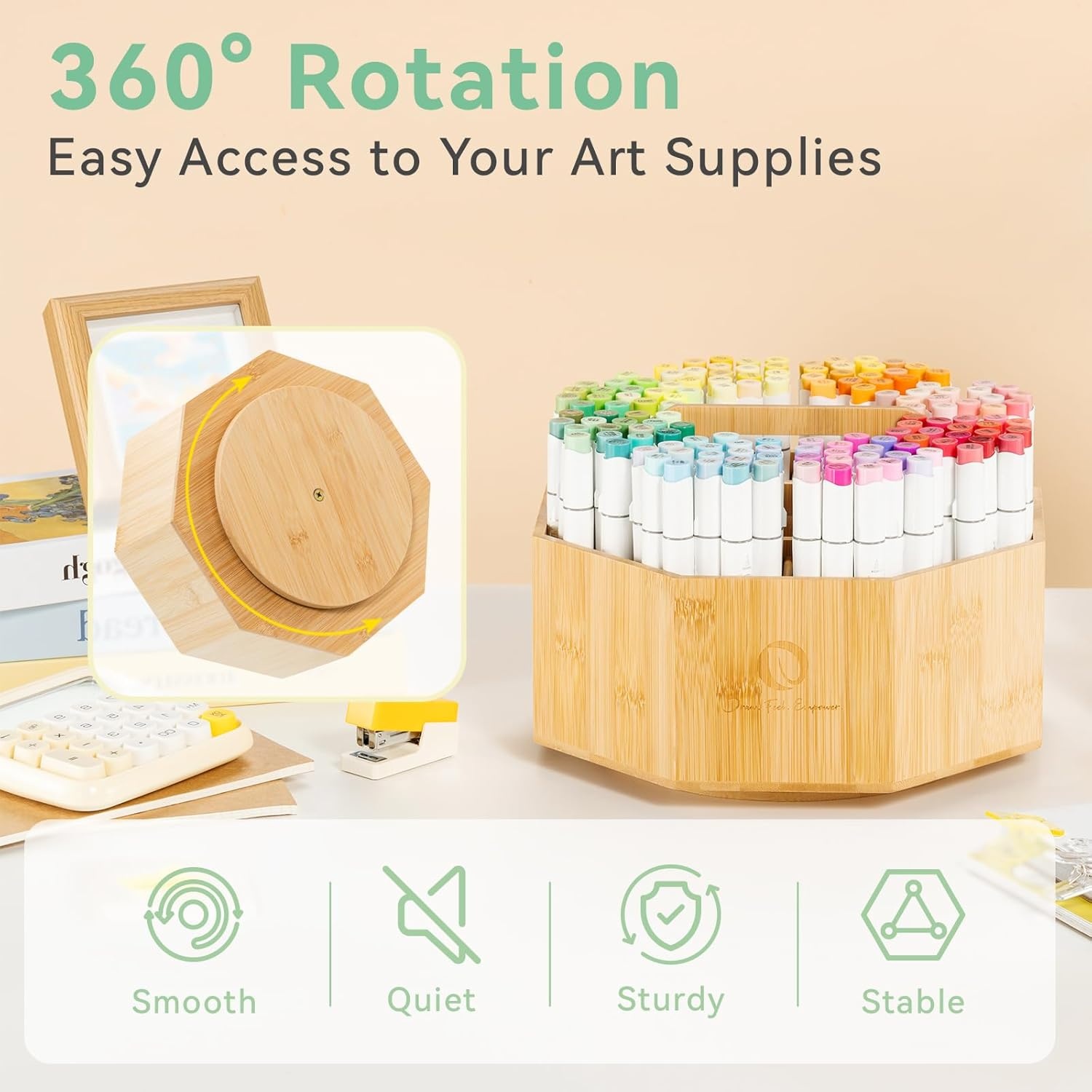 image:imageOhuhu Rotating Marker Organizer for Alcohol Markers 360 Rotating Bamboo Storage Hold 162 Honoluluamp B Alcohol Markers Pens Pencil Holder with 10 Compartments for Home Classroom Office Decor