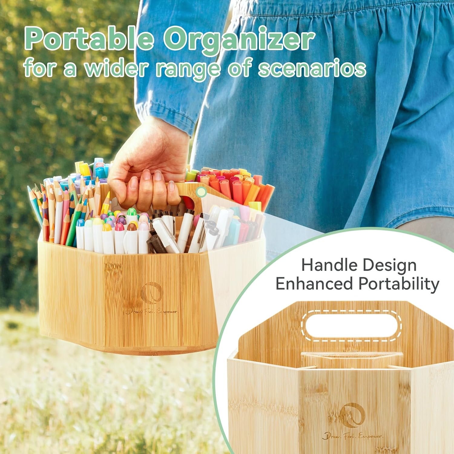 image:imageOhuhu Rotating Marker Organizer for Alcohol Markers 360 Rotating Bamboo Storage Hold 162 Honoluluamp B Alcohol Markers Pens Pencil Holder with 10 Compartments for Home Classroom Office Decor