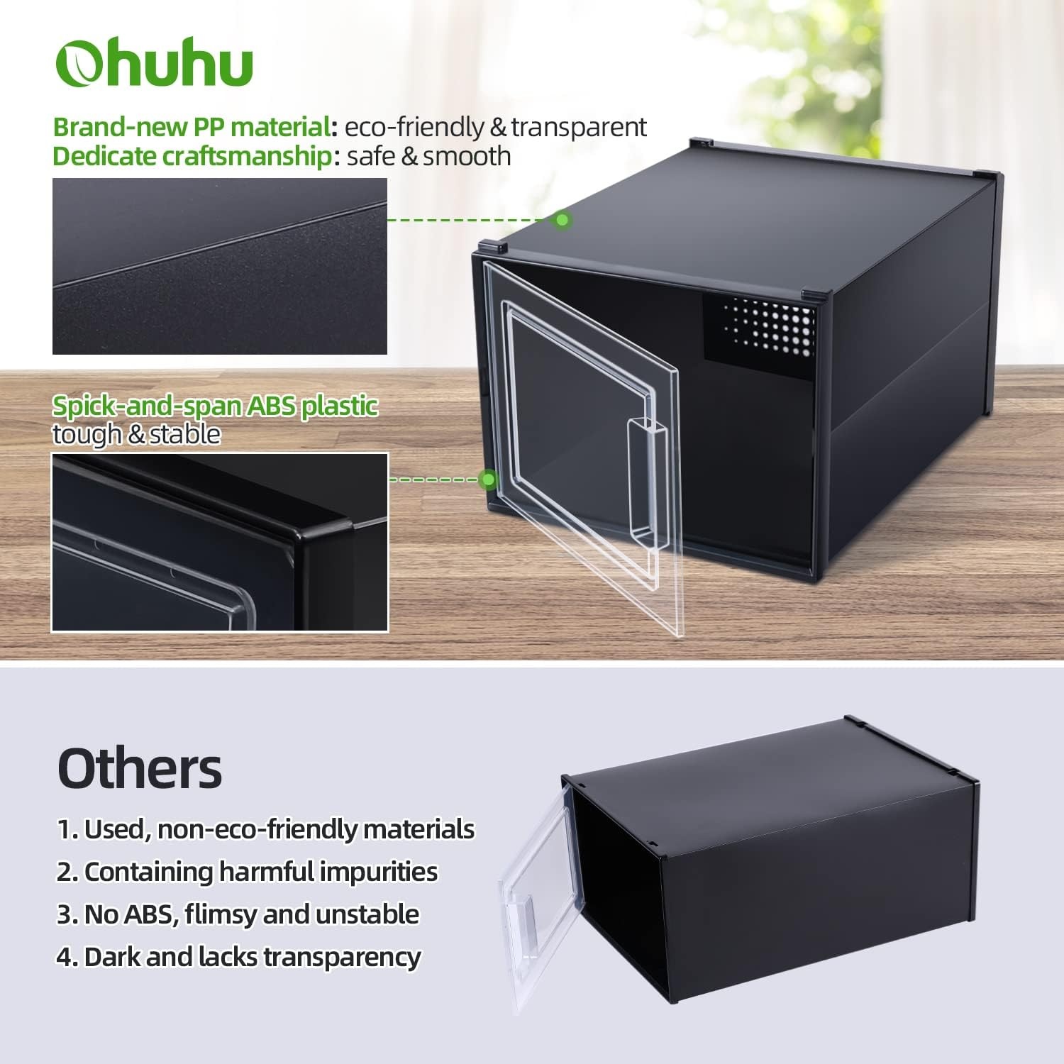image:imageOhuhu Shoe Box Shoe Organizer High Quanlity Stackable Foldable Shoe Storage Clear Plastic Shoe Containers Drawer Type Front Opening for Underbed Closets and Entryway XL Black