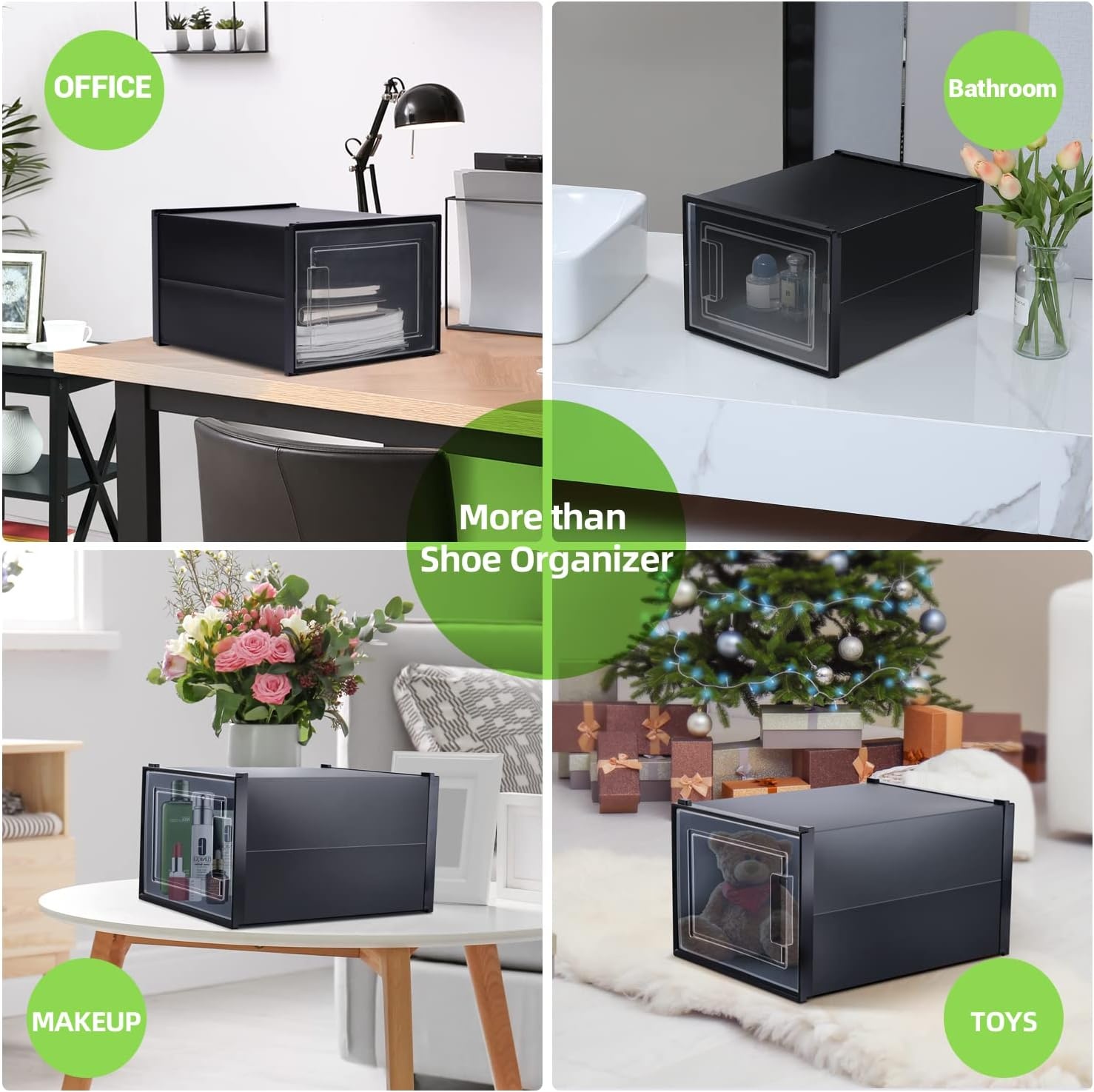 image:imageOhuhu Shoe Box Shoe Organizer High Quanlity Stackable Foldable Shoe Storage Clear Plastic Shoe Containers Drawer Type Front Opening for Underbed Closets and Entryway XL Black