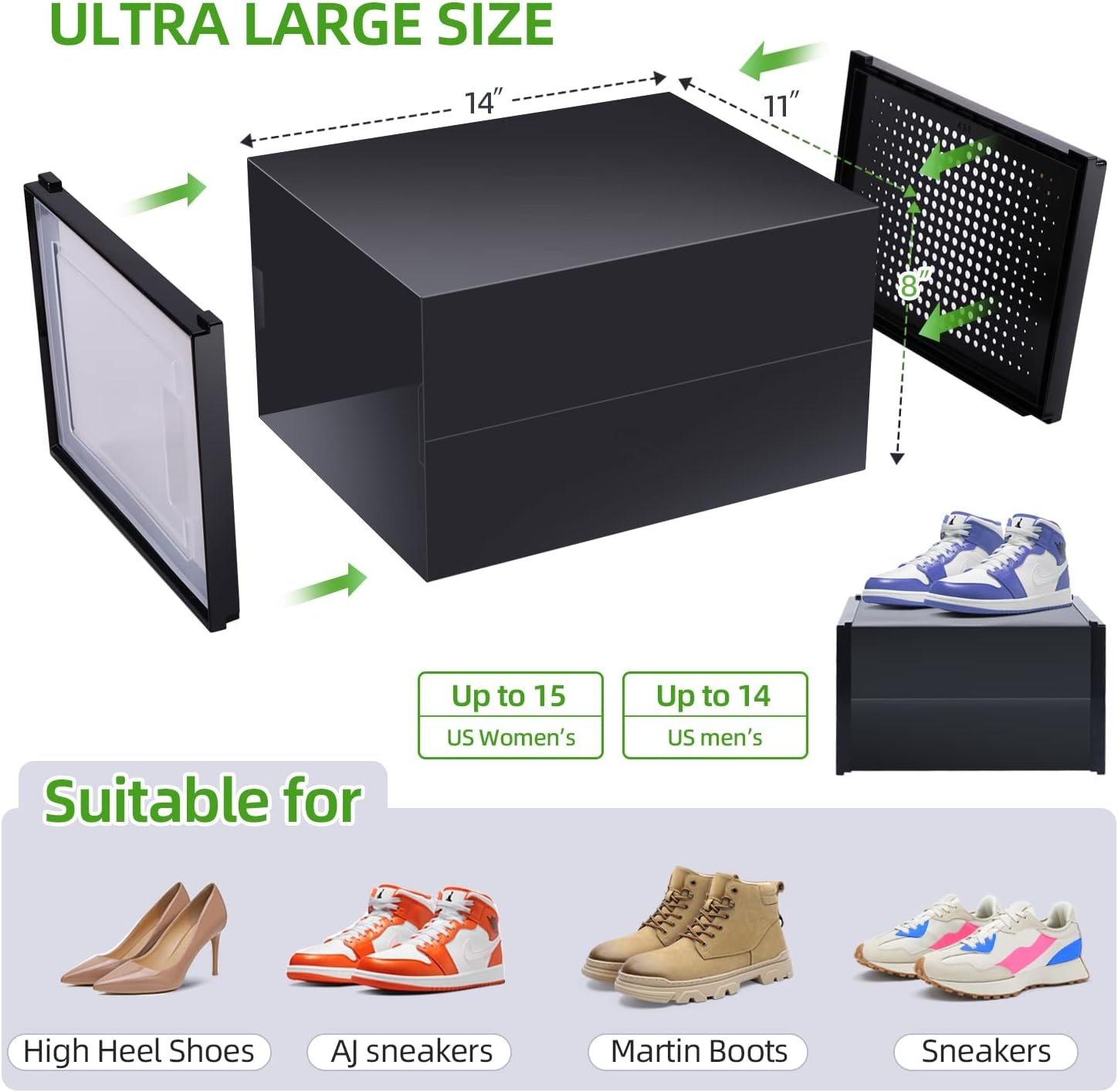 image:imageOhuhu Shoe Box Shoe Organizer High Quanlity Stackable Foldable Shoe Storage Clear Plastic Shoe Containers Drawer Type Front Opening for Underbed Closets and Entryway XL Black