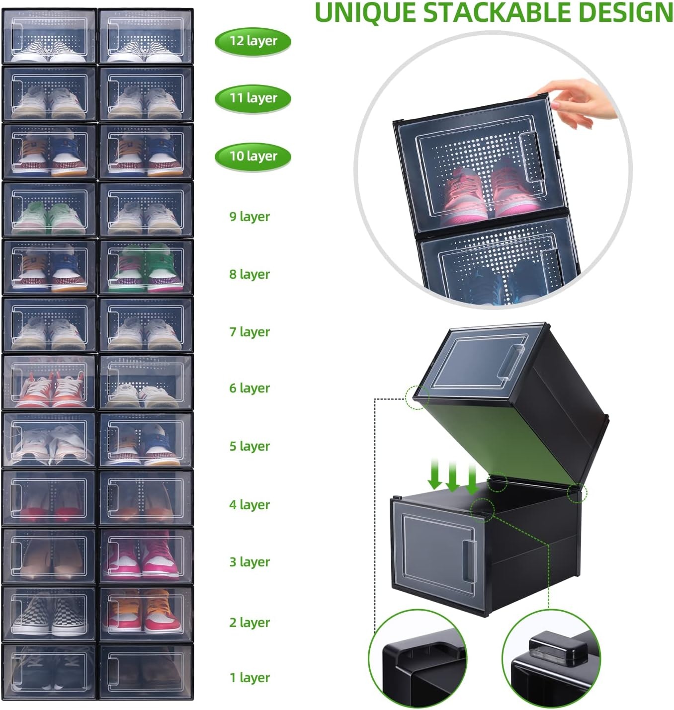 image:imageOhuhu Shoe Box Shoe Organizer High Quanlity Stackable Foldable Shoe Storage Clear Plastic Shoe Containers Drawer Type Front Opening for Underbed Closets and Entryway XL Black