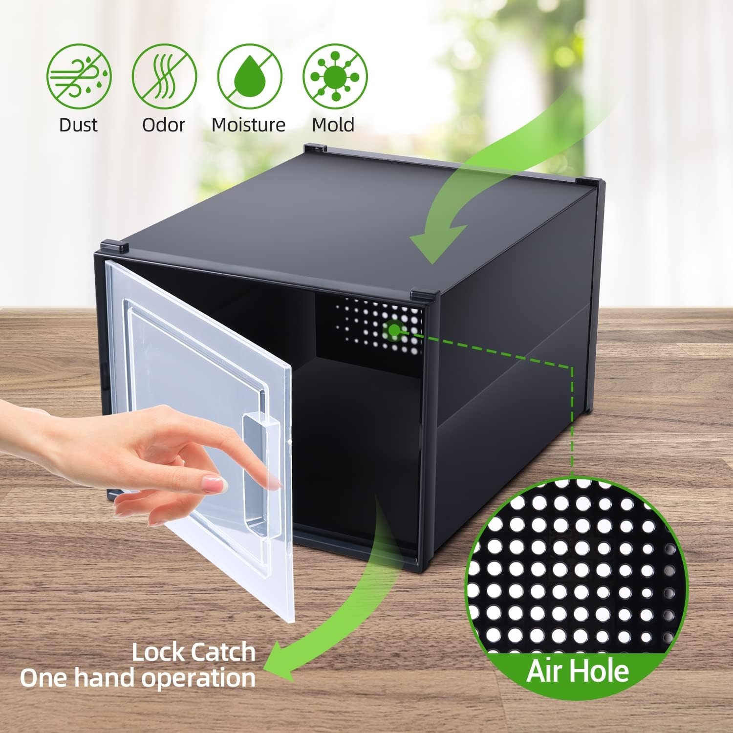image:imageOhuhu Shoe Box Shoe Organizer High Quanlity Stackable Foldable Shoe Storage Clear Plastic Shoe Containers Drawer Type Front Opening for Underbed Closets and Entryway XL Black