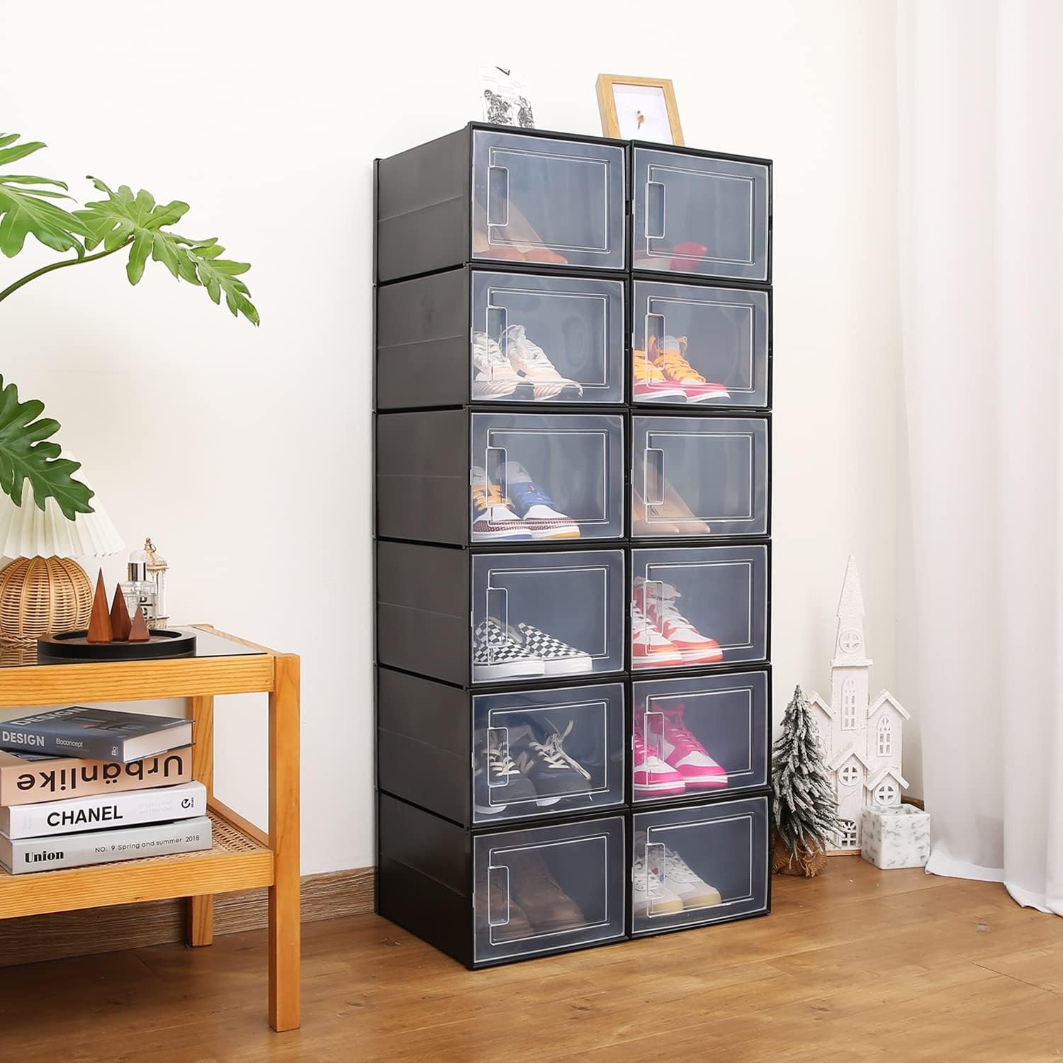 image:imageOhuhu Shoe Box Shoe Organizer High Quanlity Stackable Foldable Shoe Storage Clear Plastic Shoe Containers Drawer Type Front Opening for Underbed Closets and Entryway XL Black