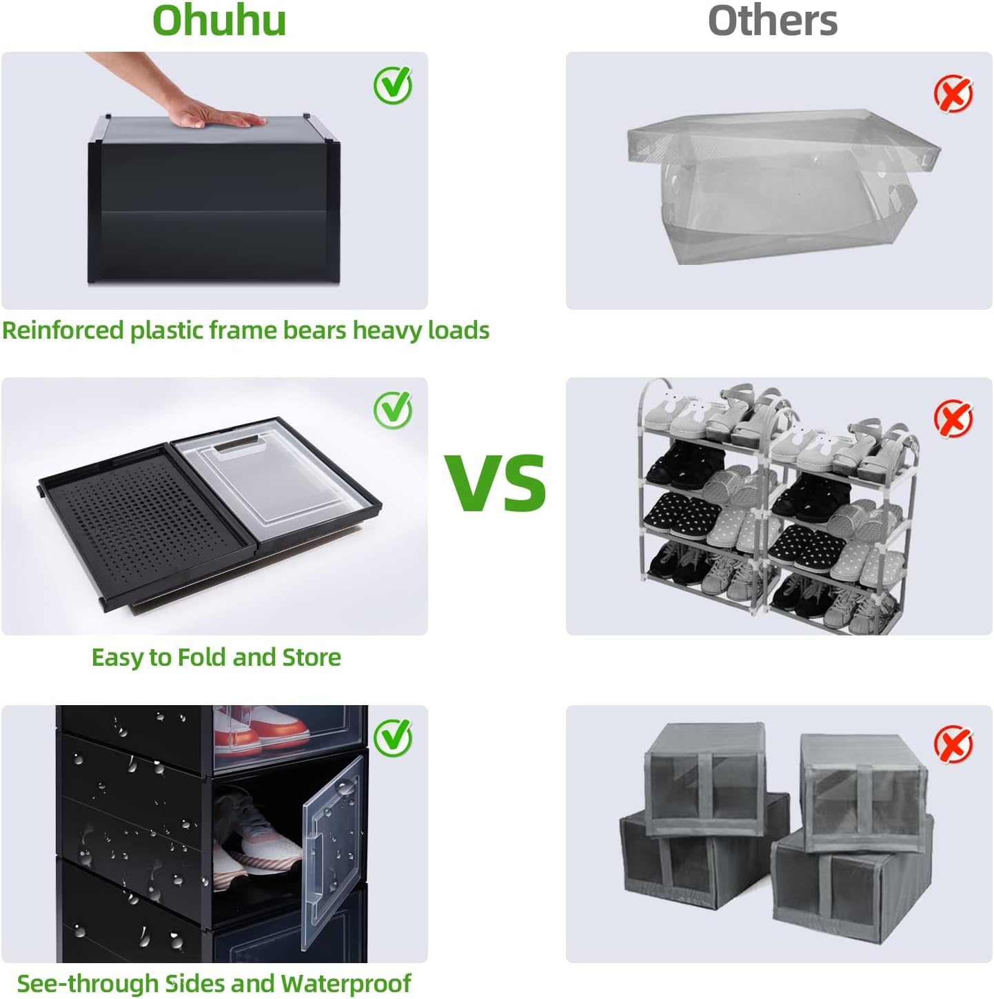 image:imageOhuhu Shoe Box Shoe Organizer High Quanlity Stackable Foldable Shoe Storage Clear Plastic Shoe Containers Drawer Type Front Opening for Underbed Closets and Entryway XL Black