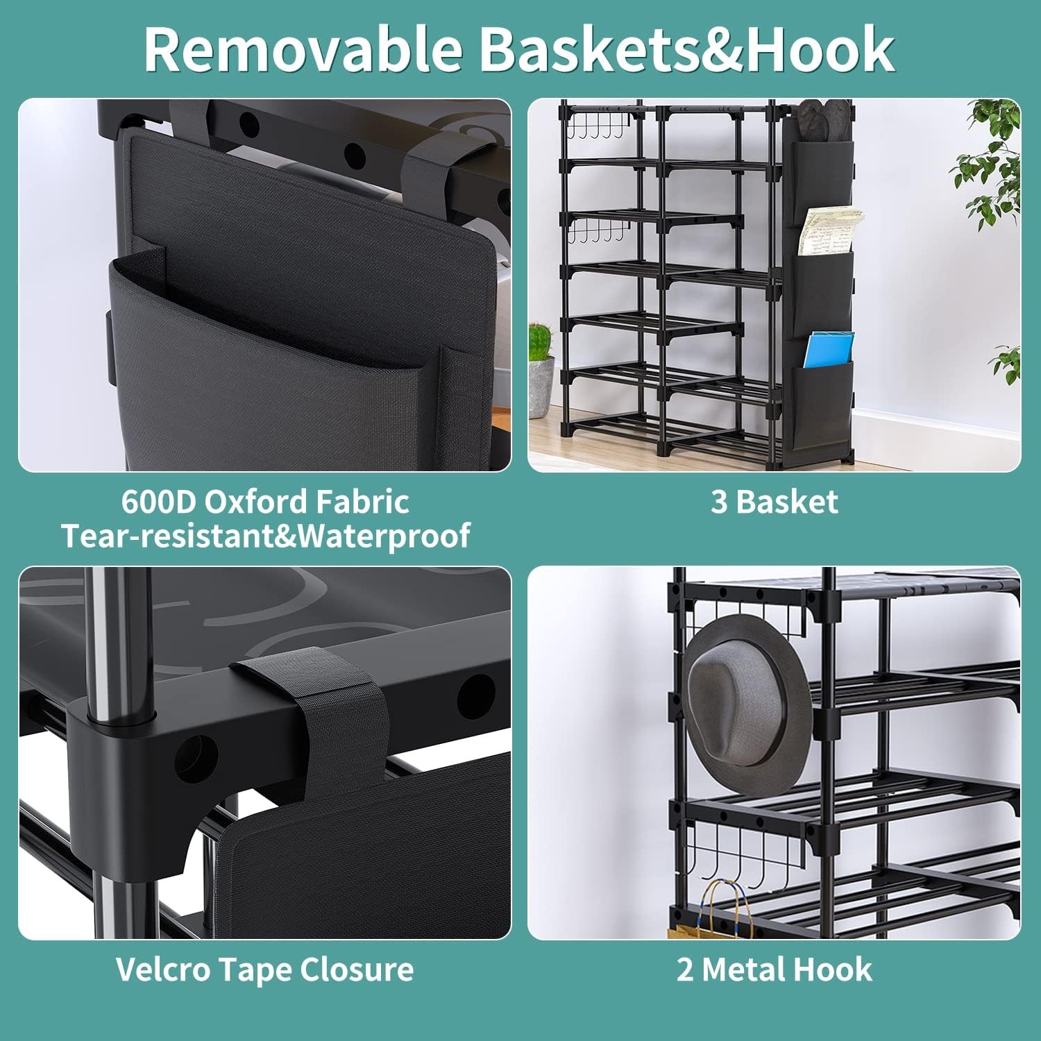 image:imageOhuhu Shoe Rack 7 Tiers 30 Pairs Metal Black Shoe Shelf Racks Boot Shoes Organizer Storage Free Standing Shoe Tower for Closet Entryway or Outdoor with 2 Side Hooks 3 Pockets Bag Room Organizer