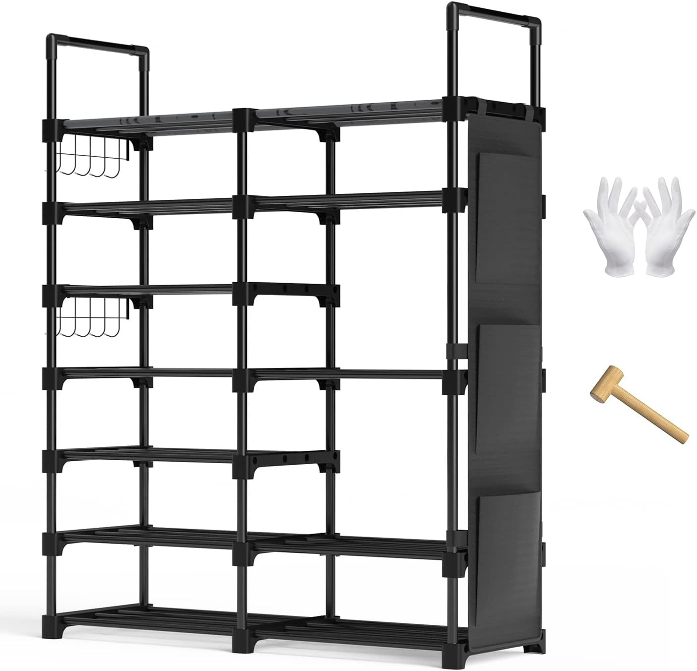 image:imageOhuhu Shoe Rack 7 Tiers 30 Pairs Metal Black Shoe Shelf Racks Boot Shoes Organizer Storage Free Standing Shoe Tower for Closet Entryway or Outdoor with 2 Side Hooks 3 Pockets Bag Room Organizer