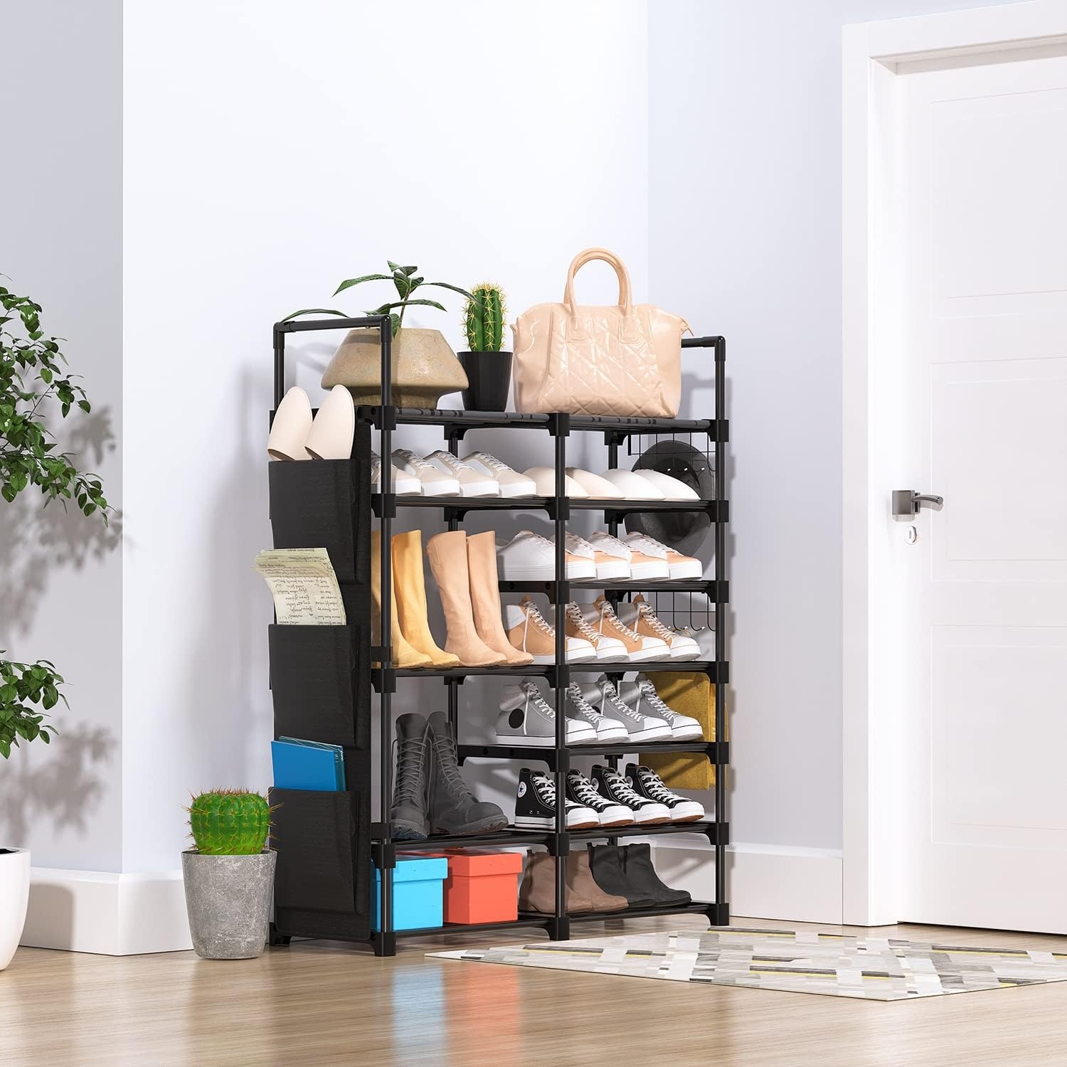 image:imageOhuhu Shoe Rack 7 Tiers 30 Pairs Metal Black Shoe Shelf Racks Boot Shoes Organizer Storage Free Standing Shoe Tower for Closet Entryway or Outdoor with 2 Side Hooks 3 Pockets Bag Room Organizer