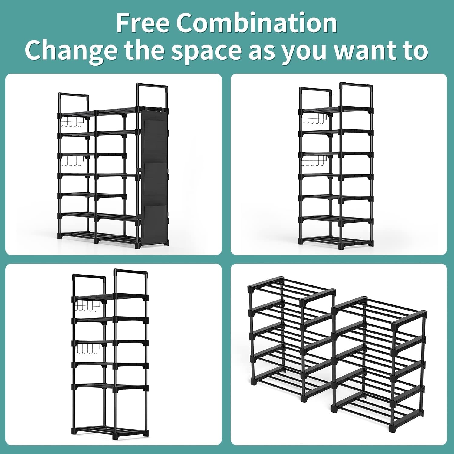 image:imageOhuhu Shoe Rack 7 Tiers 30 Pairs Metal Black Shoe Shelf Racks Boot Shoes Organizer Storage Free Standing Shoe Tower for Closet Entryway or Outdoor with 2 Side Hooks 3 Pockets Bag Room Organizer