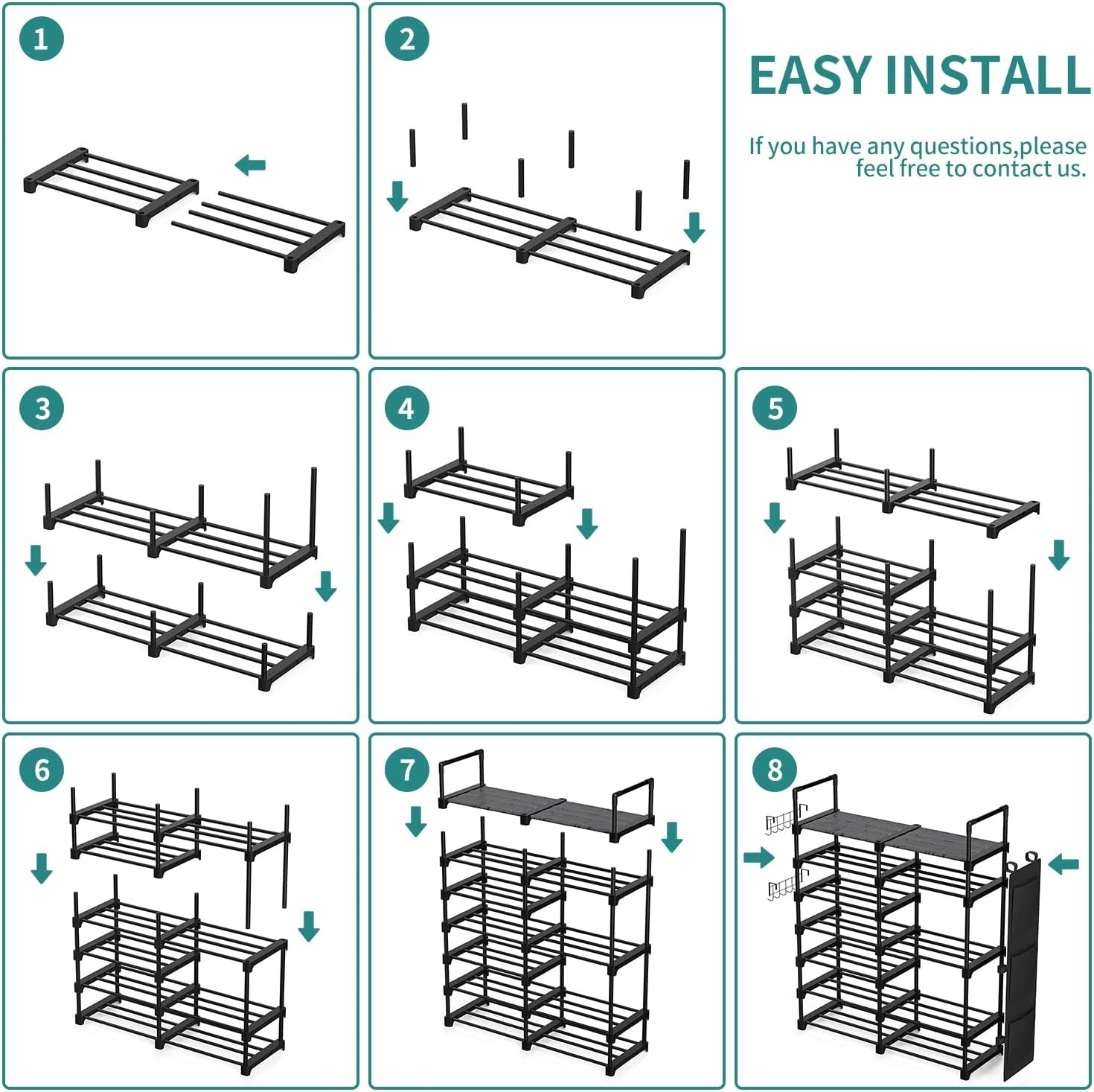 image:imageOhuhu Shoe Rack 7 Tiers 30 Pairs Metal Black Shoe Shelf Racks Boot Shoes Organizer Storage Free Standing Shoe Tower for Closet Entryway or Outdoor with 2 Side Hooks 3 Pockets Bag Room Organizer