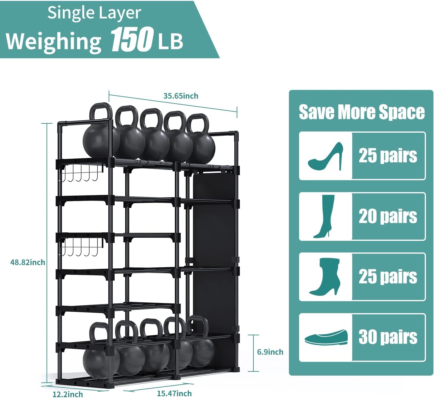 image:imageOhuhu Shoe Rack 7 Tiers 30 Pairs Metal Black Shoe Shelf Racks Boot Shoes Organizer Storage Free Standing Shoe Tower for Closet Entryway or Outdoor with 2 Side Hooks 3 Pockets Bag Room Organizer